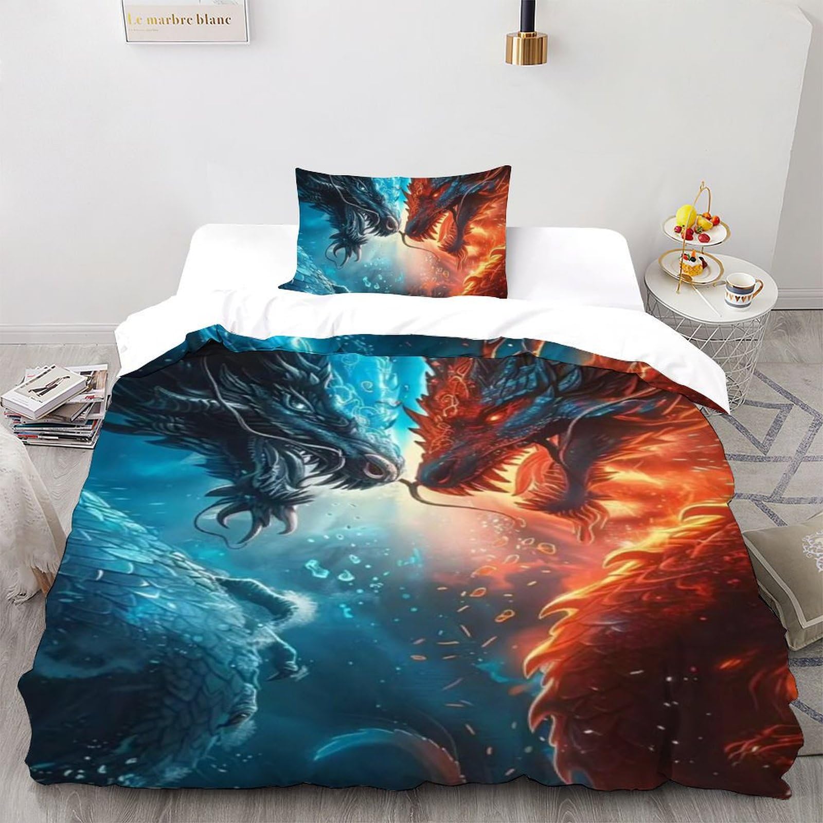 Housse de couette 135x200 dragon thermorégulatrice en microfibre 3D douce et résistante