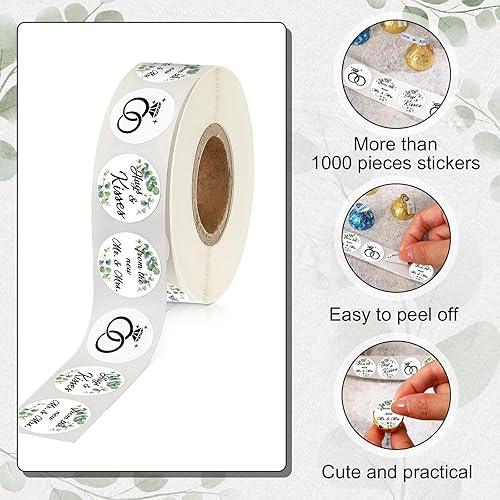 Miniatura 4 de Laumoi 1000 calcomanías de boda con texto en inglés "Hugs and Kisses from The New Mr and Mrs", etiquetas de gotas de chocolate, calcomanías de