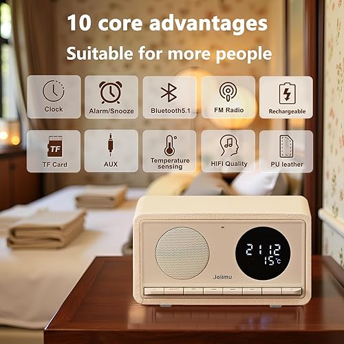 Miniatura 2 de Radio despertador, altavoces Bluetooth con reloj de escritorio, radio FM, carga inalámbrica y termómetros para el hogar