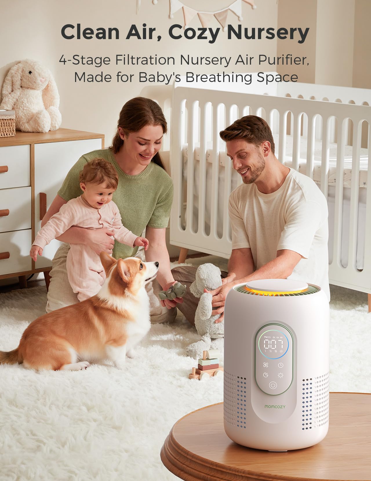 Momcozy Oczyszczacz Powietrza do Pokoju Dziecięcego, 4-stopniowy System Filtrów z H13 HEPA i Węglem, Monitor i Wyświetlacz Jakości Powietrza PM2.5 w Czasie Rzeczywistym