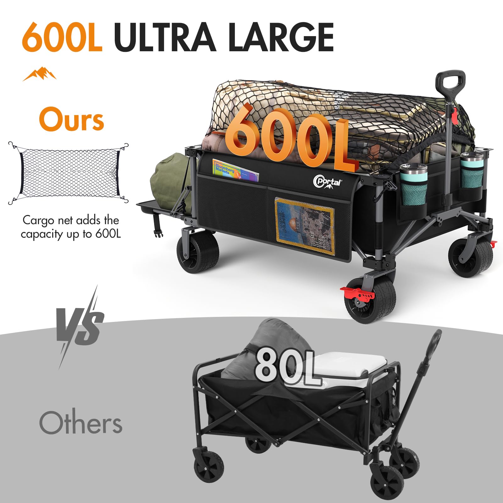 PORTAL Carro de Festival con Frenos Carro de Playa para Arena con Ruedas Anchas Carro de Camping de 600 L con Puerta Trasera Ajustable Carro Plegable de Alta Resistencia Buggy de Remolque Plegable