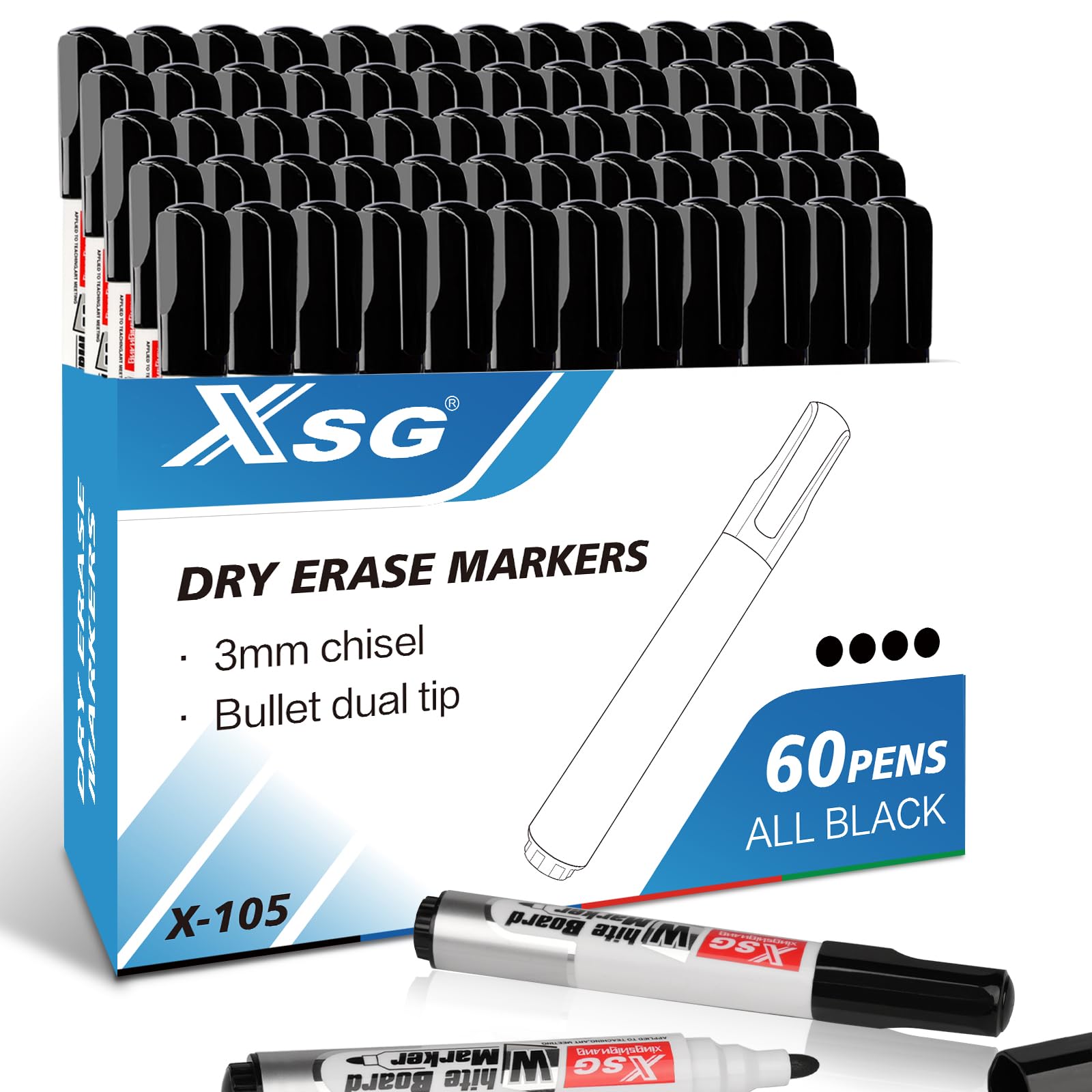 ABEIER Set of 60 Dry Erase Whiteboard Markers, Tapered Tip, Low Odor, Dry Erase