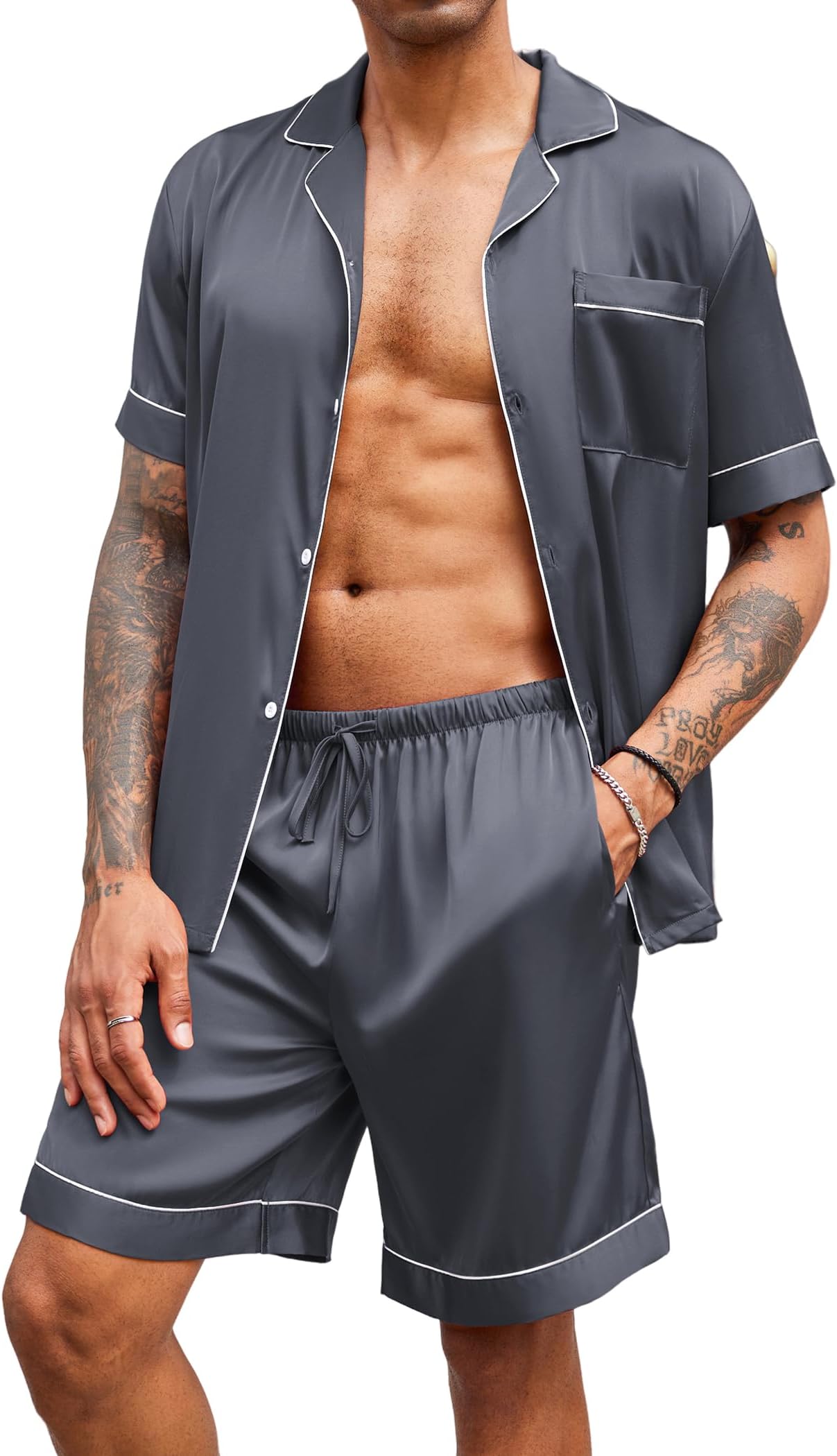 Mens Satin Pajamas Set Button-Down Short Sleeve Shirt Top Soft Silk Sleepwear Shorts with Pockets