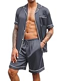 Mens Satin Pajamas Set Button-Down Short Sleeve Shirt Top Soft Silk Sleepwear Shorts with Pockets