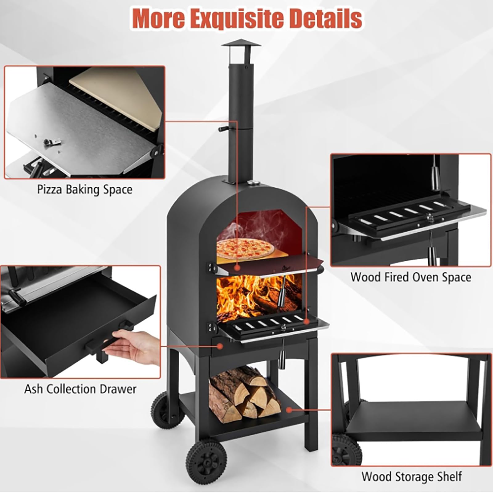 MObyat Forno per Pizza da Esterno, Forno per Pizza in Acciaio su Ruote, con Pietra refrattaria, Grill e griglia a Carbone, Ideale per Barbecue, Campeggio e Feste in Giardino