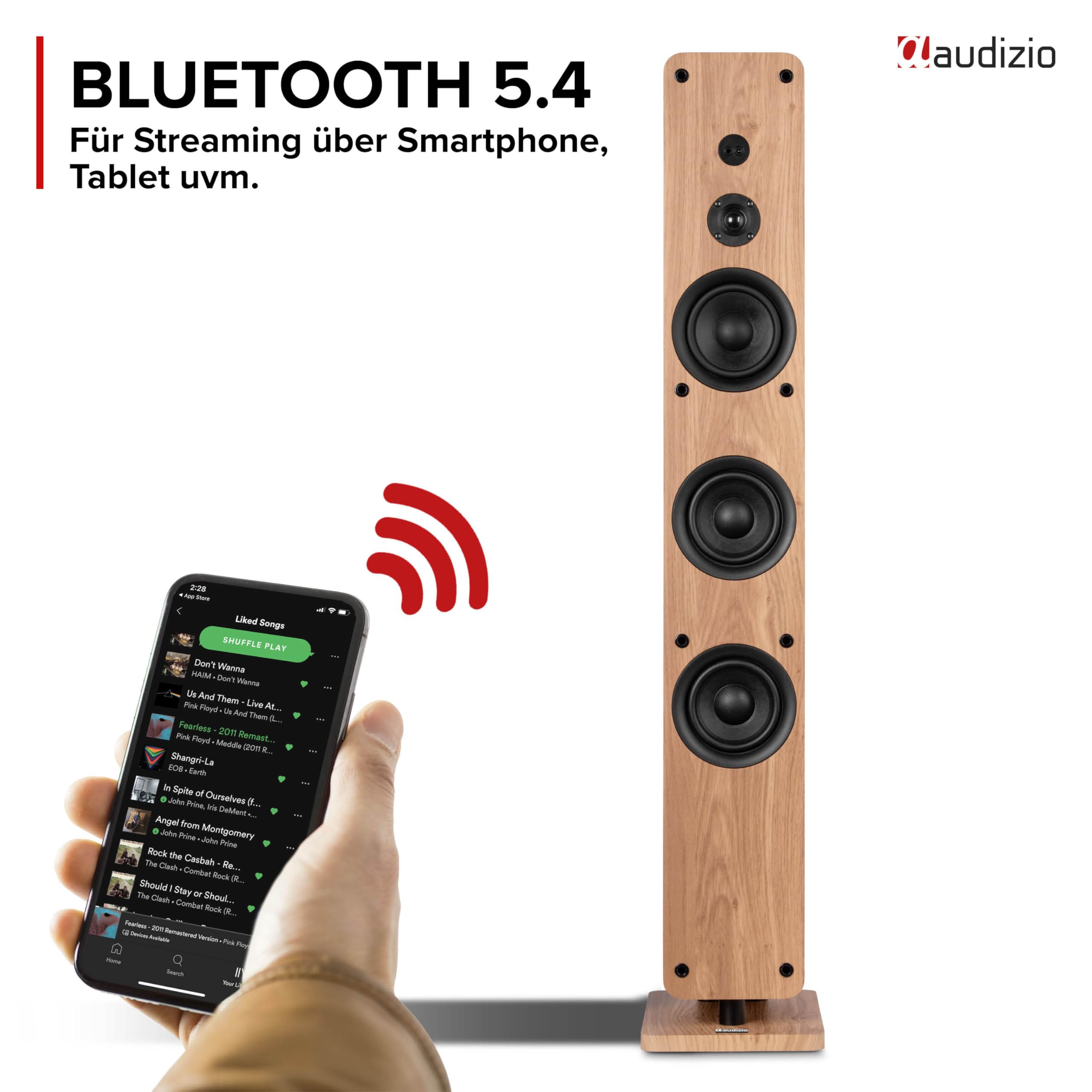Audizio Arco Standlautsprecher Aktiv 2er Set Bluetooth 5.4 DAB Radio 320 Watt HiFi Lautsprecher Musikanlage Heimkino Soundsystem LED Licht Holzoptik Braun
