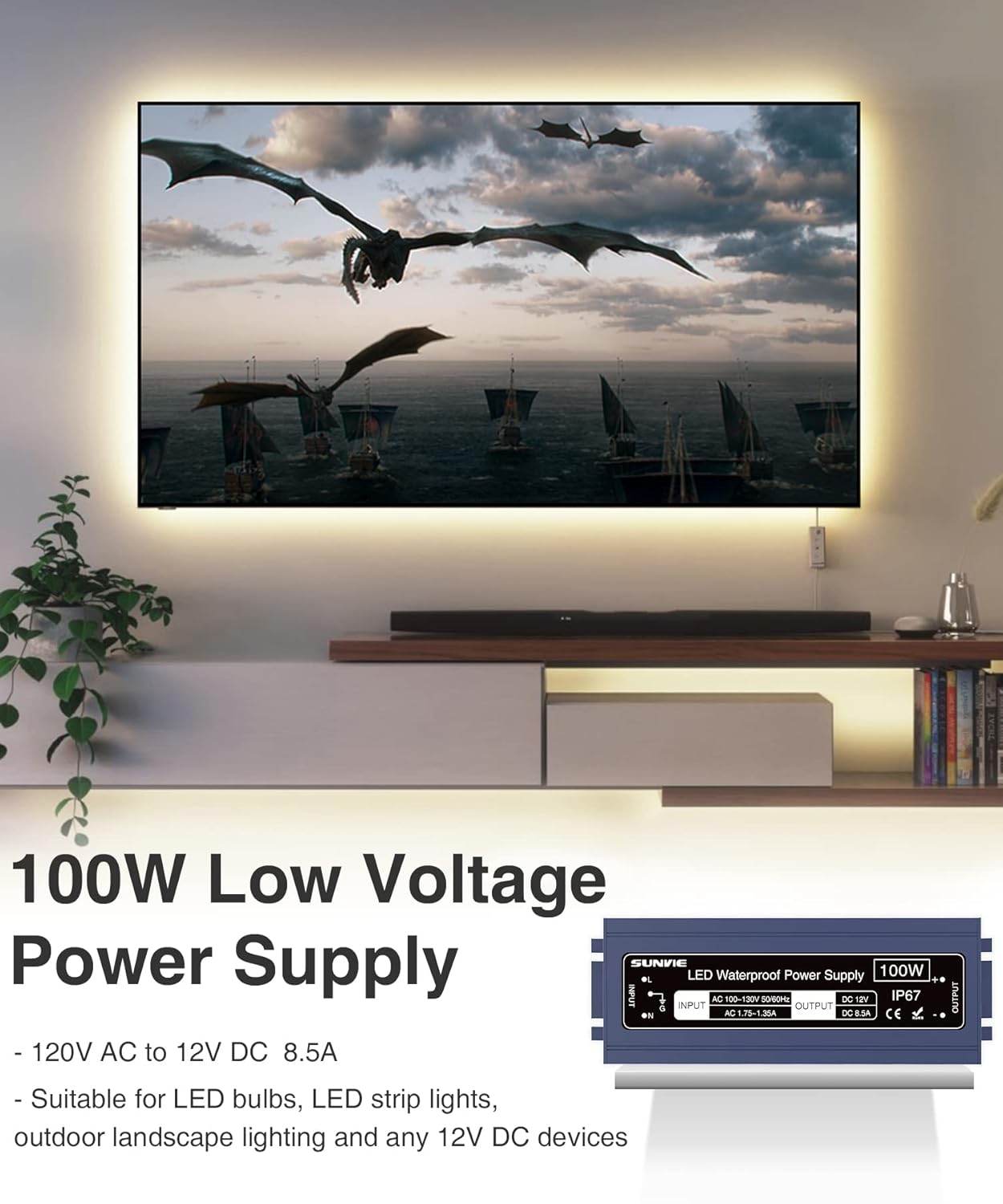 SUNVIE LED Driver 12V Low Voltage Power Supply 100W Constant Voltage LED Driver Waterproof 120V to 12V Transformer 12 Volt Power Supply for Strip Lights Indoor/Outdoor Light and Any 12Volt DC Devices