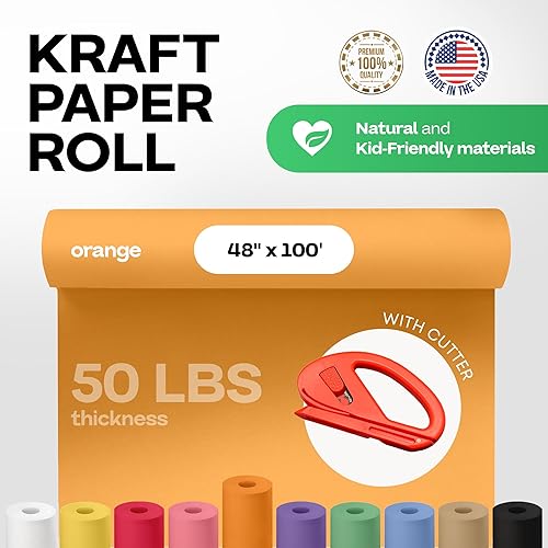 Miniatura 2 de Rollo de papel kraft naranja 48" x 1200" (100 pies) con cortador - Papel para envolver regalos fabricado en EE. UU. para embalaje, mudanza, envío y