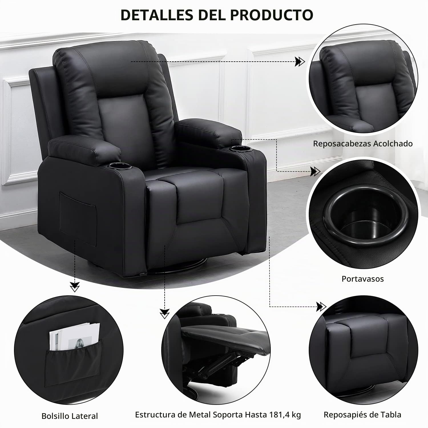 COMHOMA Sillón Reclinable con Respaldo y Reposapiés Ajustables, Silla Giratoria 360° con Portavasos y Bolsillos Laterales, Diseño Ergonómico con Soporte Corporal Completo, Cuero PU, Negro