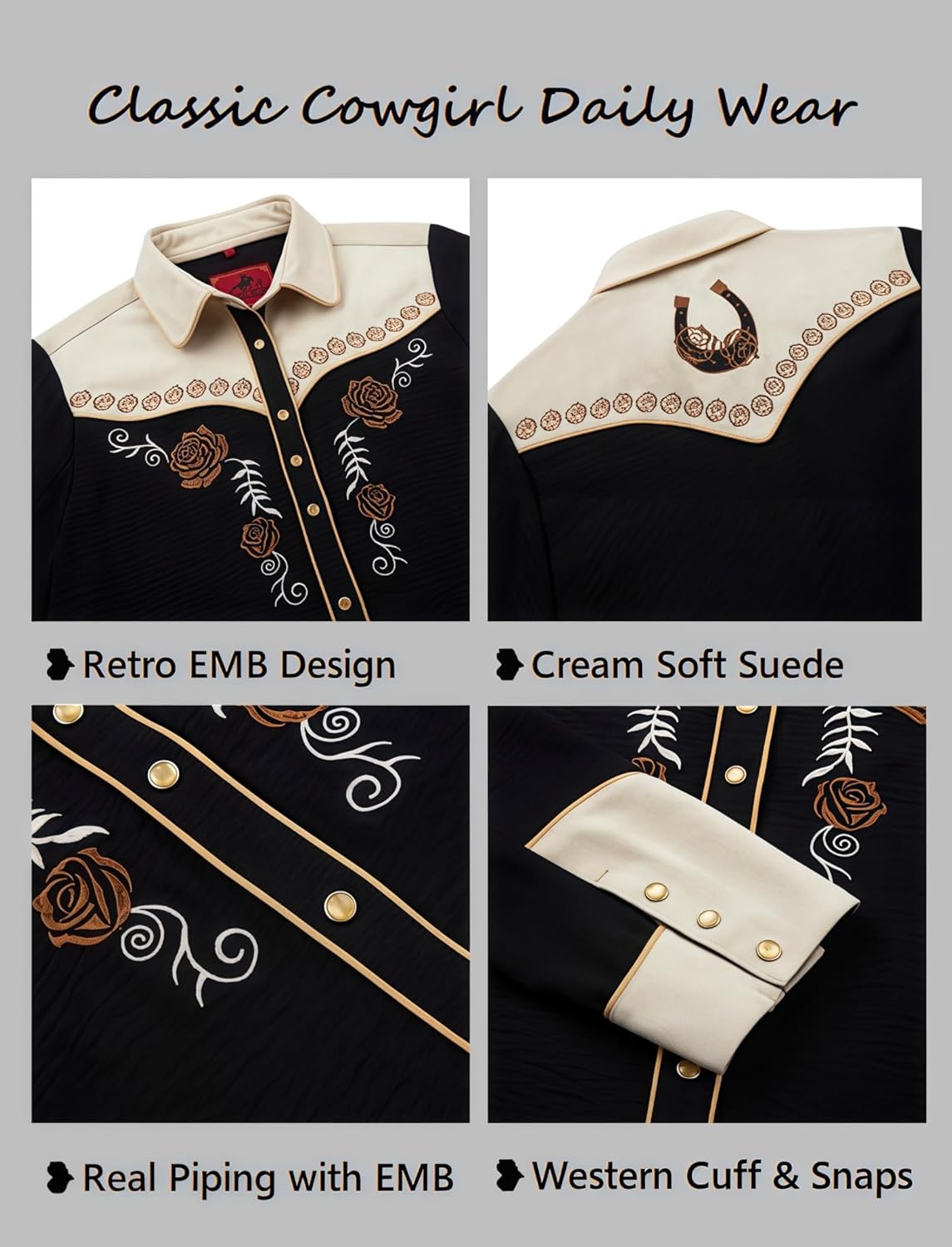 Women's Embroidered Western Cowgirl Snap Button Down Shirt with Stretch Long Sleeve Loose Blouse - Image 5