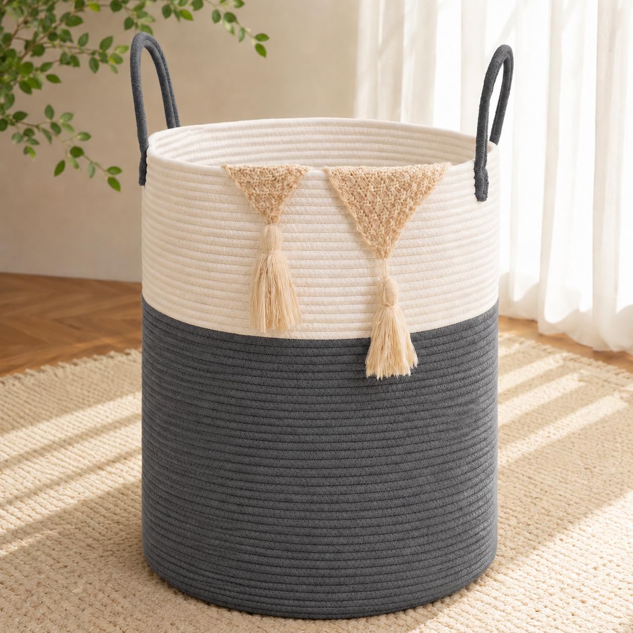 Large Laundry Hamper Basket, 60L Cotton Rope Woven Storage Bin for Blankets, Dirty Clothes Toys, Decorative Tall Basket for Living Room, Bedroom, Bathroom, Nursery, Charcoal Gray