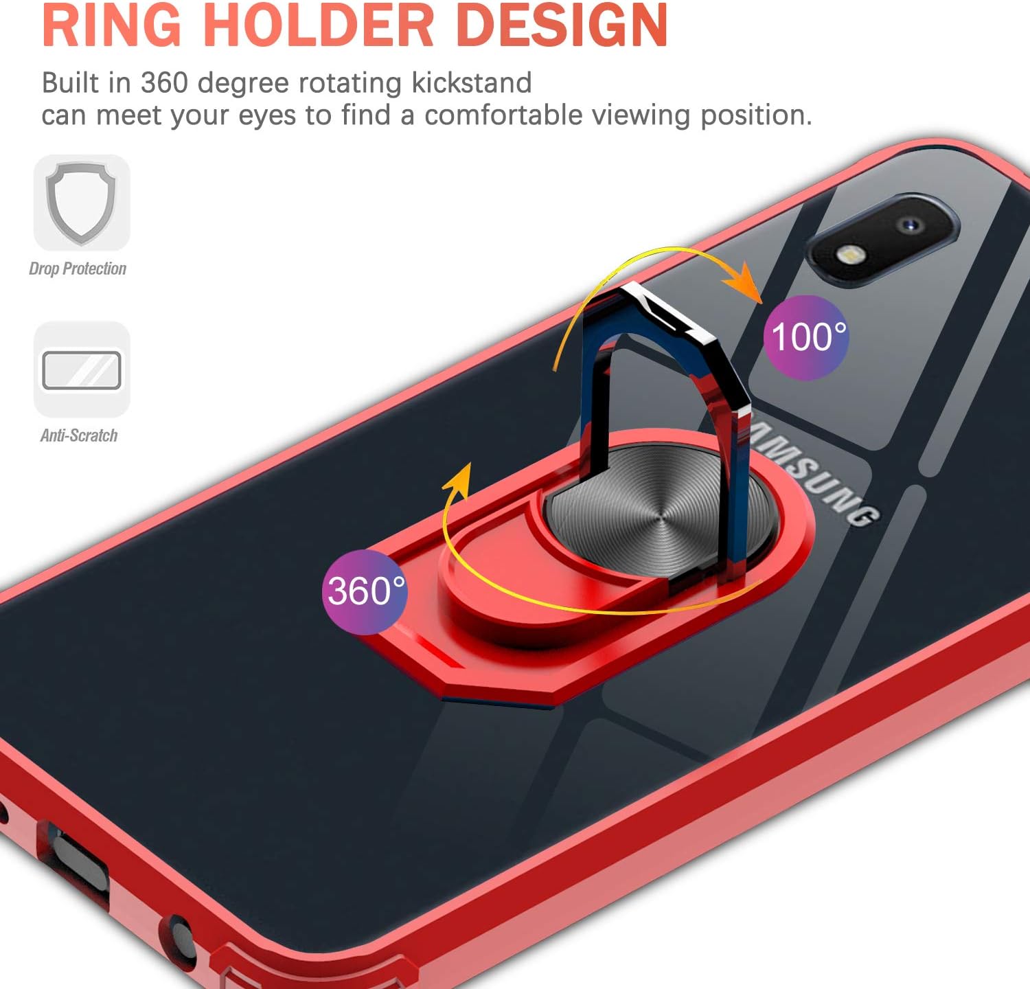 Samsung Galaxy A10E Case (Not Fit A10) with [2 Pack] Tempered Glass Screen Protector, LeYi [Military-Grade] Clear Crystal Shockproof Phone Case with Magnetic Ring Car Kickstand for Samsung A10E, Red