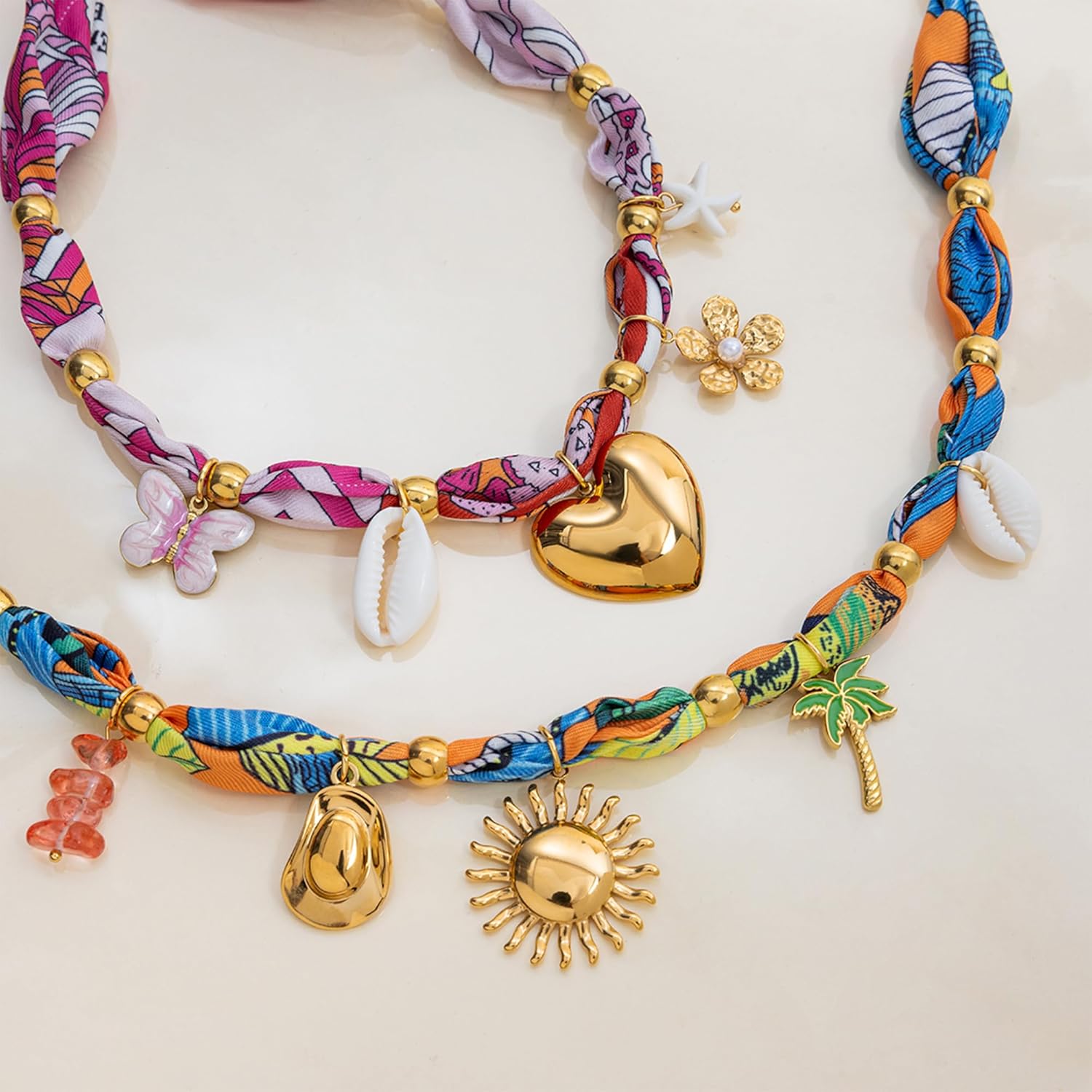 Boho Scarf Choker Necklace for Women - Beach Gold Sun Shell Hat Coconut Tree Heart Shell Starfish Flower Bandana Choker Necklace, Summer Boho Beach Jewelry Gifts - Image 5