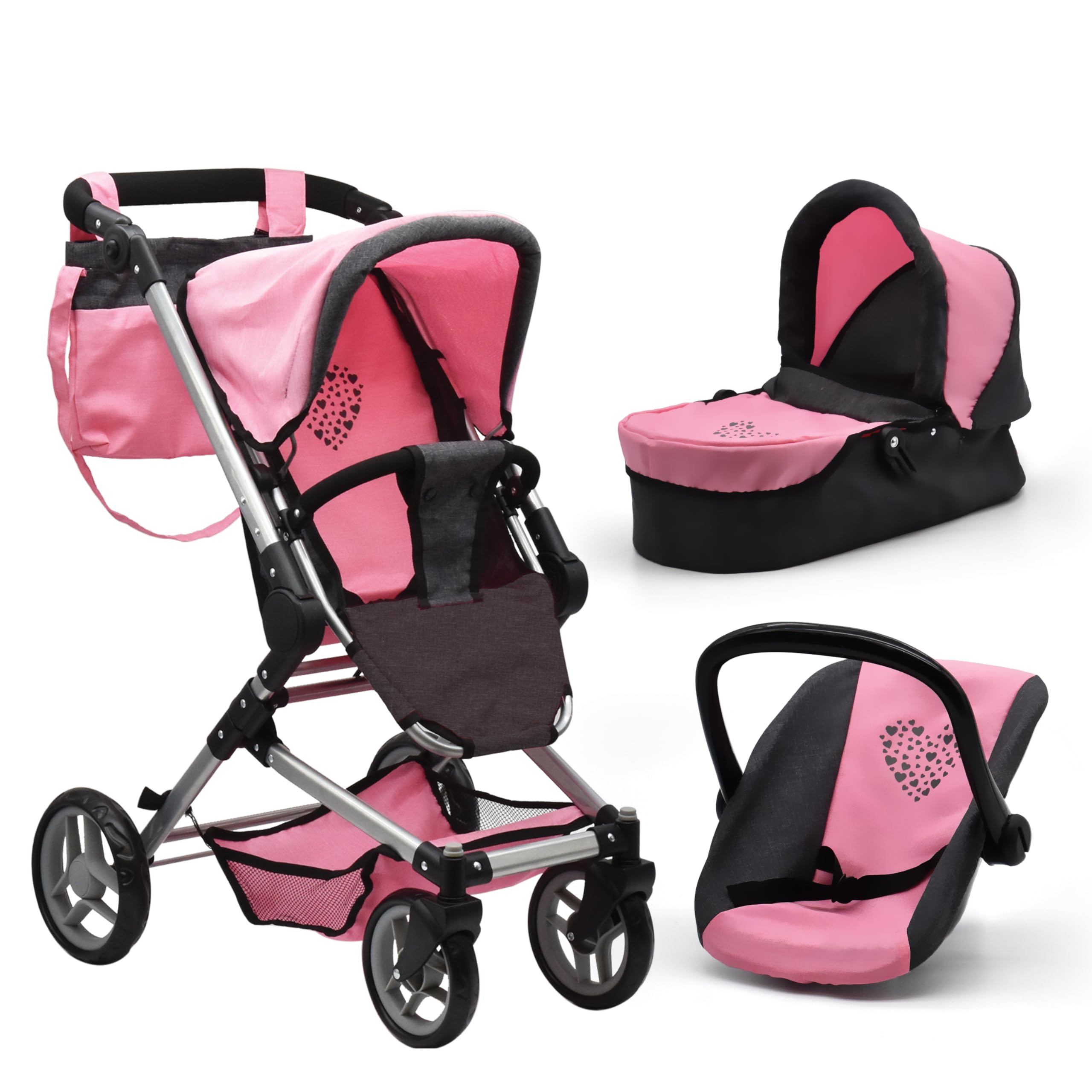 Baby Doll Convertible Stroller 3 in 1 Bassinet and Rear Facing Seat Buggy Foldable Toy Pram for Girls