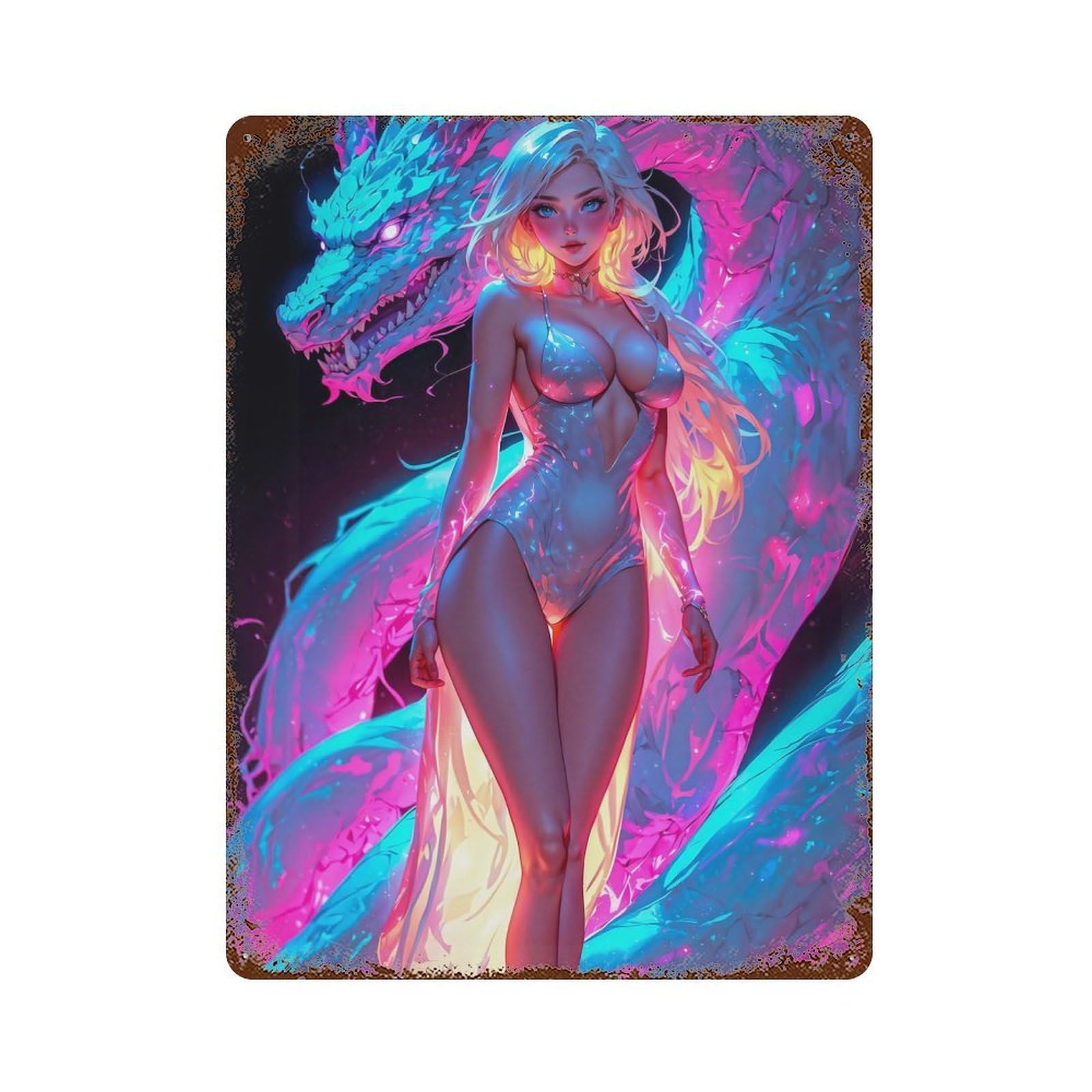 Neon Dragon Woman Rust Effect Tin Sign 15.7"x11.8", Rustic Home Decor for Garage, Pub Or Kitchen