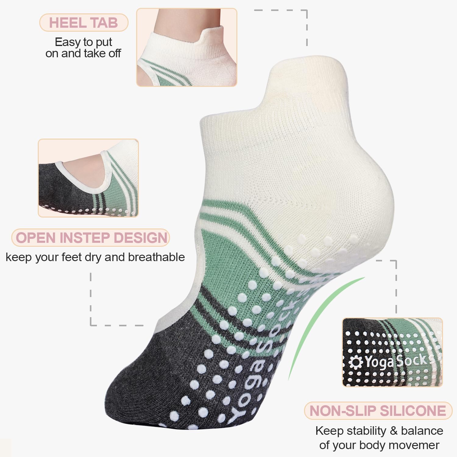 GEPAPE 4 Pairs Non-Slip Grip Yoga Pilates Socks for Women - Athletic Socks for Ballet, Barefoot Workout, Anti-Skid