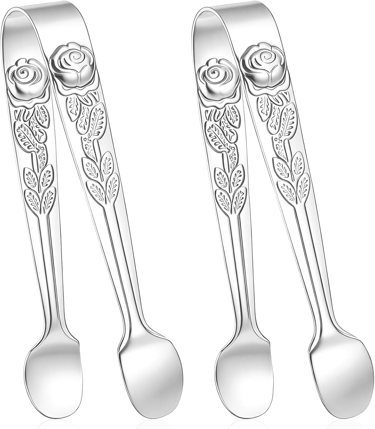 2 PCS Sugar Cubes Tongs 4" Stainless Steel Ice Tong Mini Tongs for Coffee and Tee Serving Silver Rose Small Tong for Appetizers Tea Sugar Coffee Bar Desserts Party (Silver)
