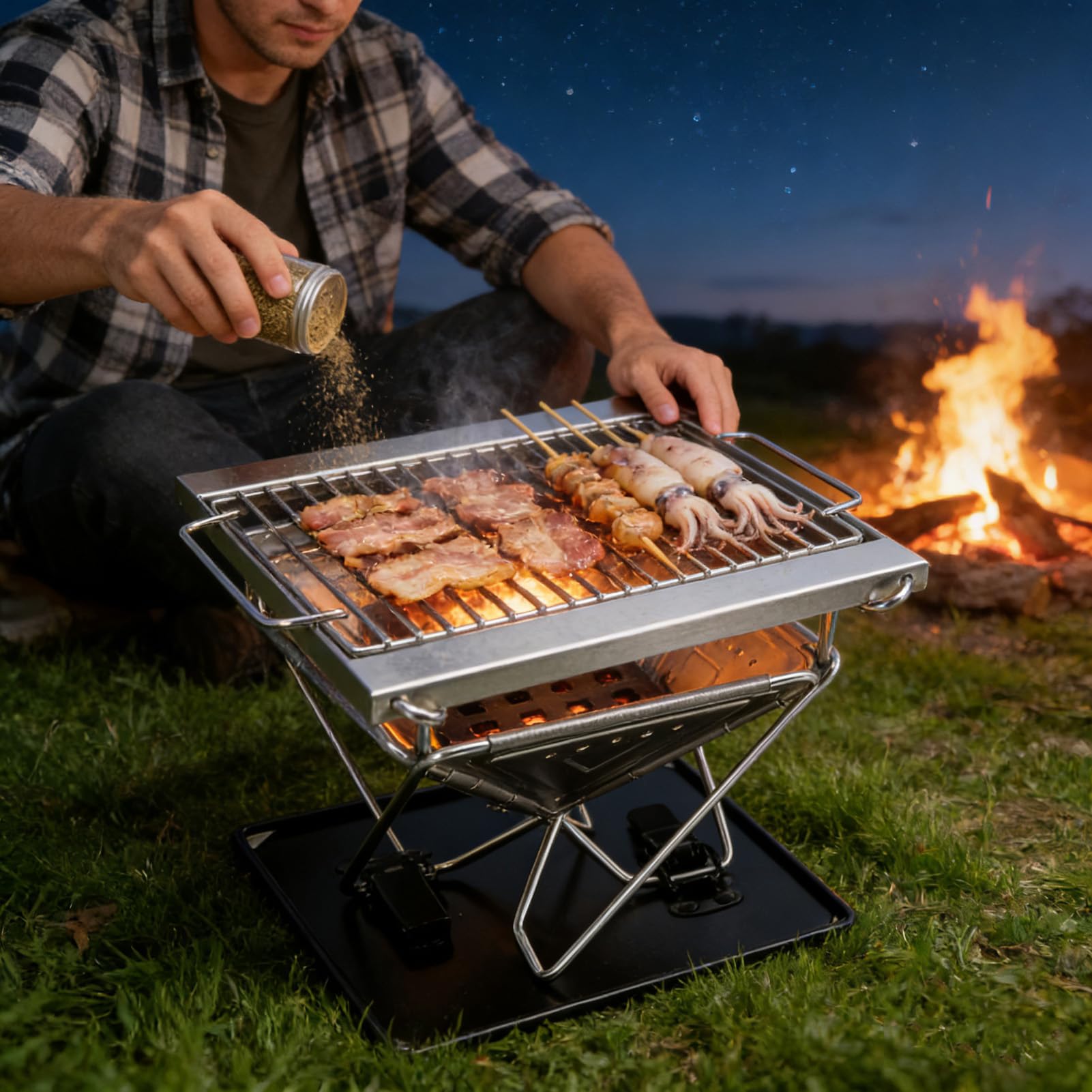 Składany Grill Węglowy, Przenośny Grill Węglowy, ze Stali Nierdzewnej z Plecakiem, z torbą transportową, wysokość 3 Poziomów do Gotowania na świeżym Powietrzu, Patio