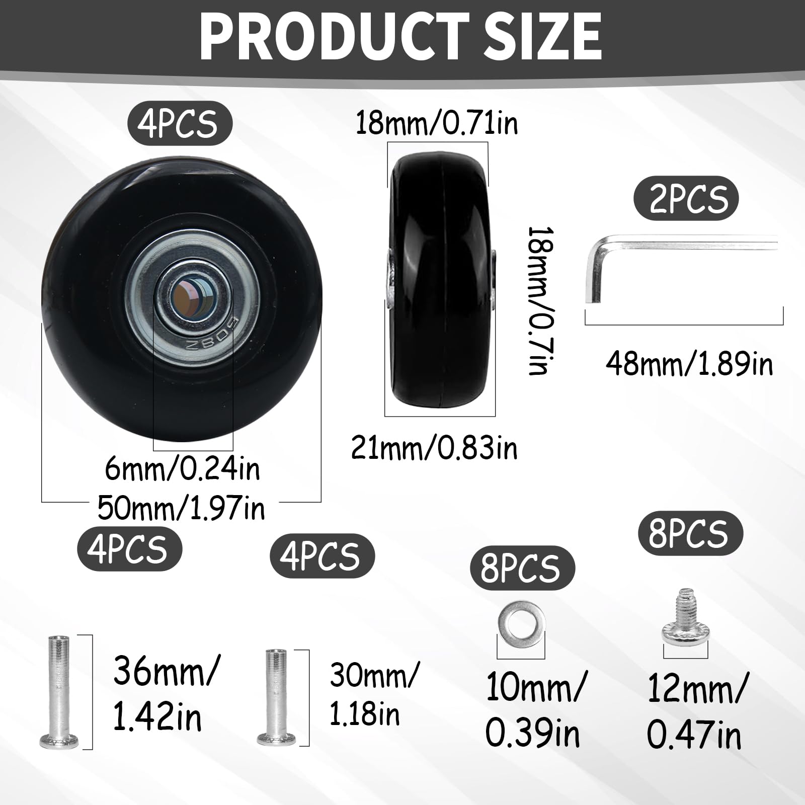 4 Pezzi Ruote Universali per Valigia, 50x18mm Ruote per Valigia, Rotelle Pivotanti Trolley Ricambio, Ruote per Carrello per Bagagli, Kit di Riparazione per Mobili con 30/36mm Doppi Cuscinetti