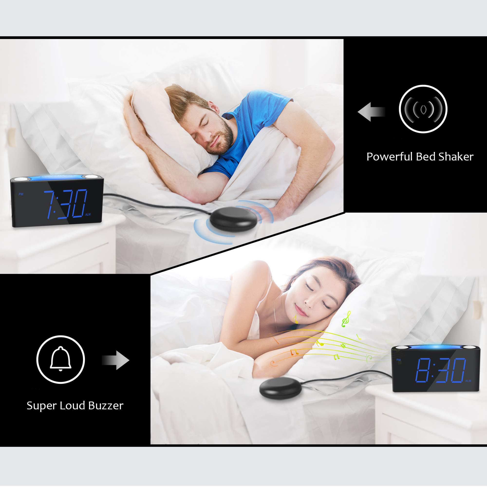 Vibrating Alarm Clock for Heavy Sleeper/Deaf/Hear Impaired, Loud Alarm Clock with Bed Shaker, 7