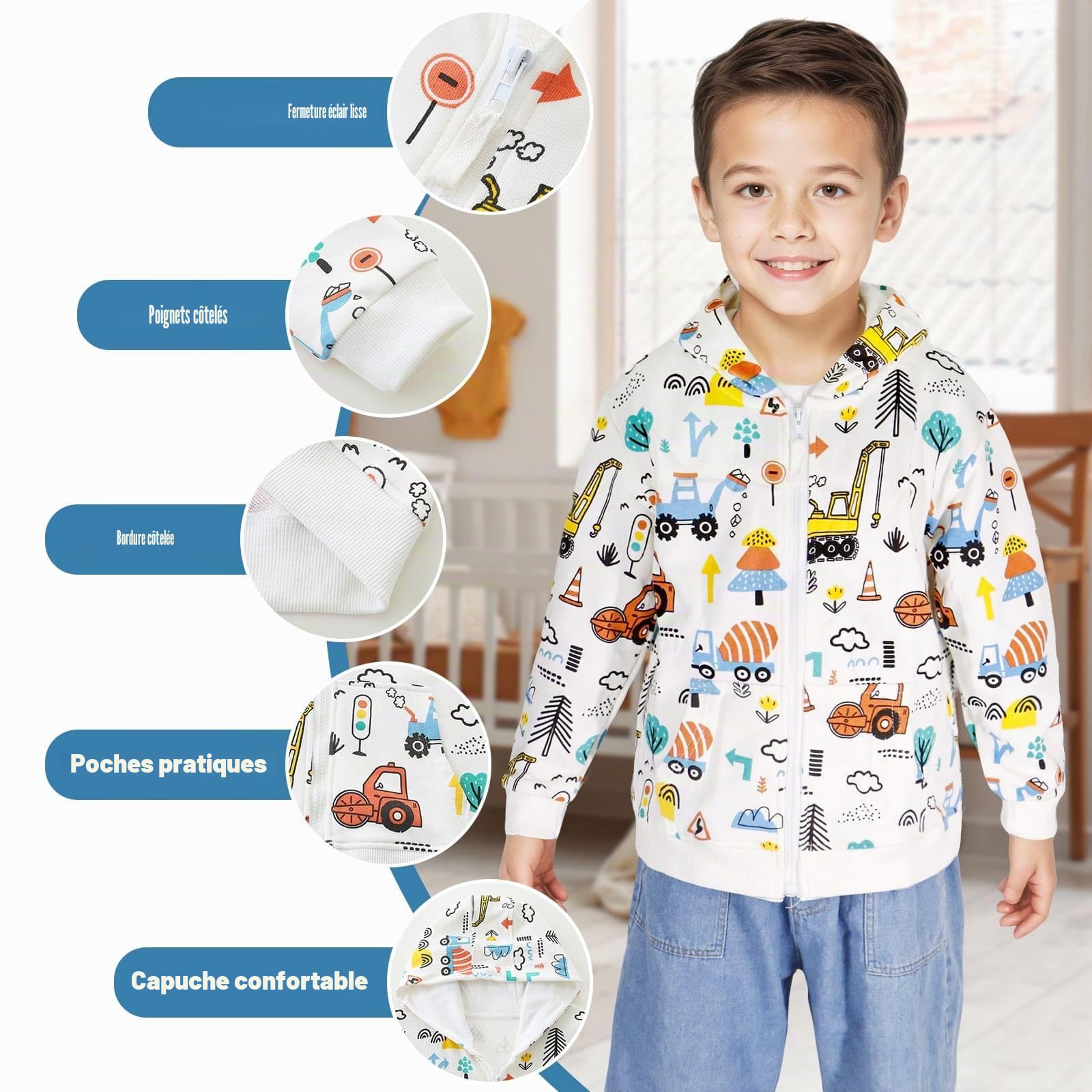 Sweat à Capuche Garçon Fille, Zippé Sweat-Shirt pour Enfants 3-8 Ans | Coton Manteau à Manches Longues, Cheval Tracteur Vestes avec poches, Pull de sport, Automne Hiver Hoodies, École, Extérieur