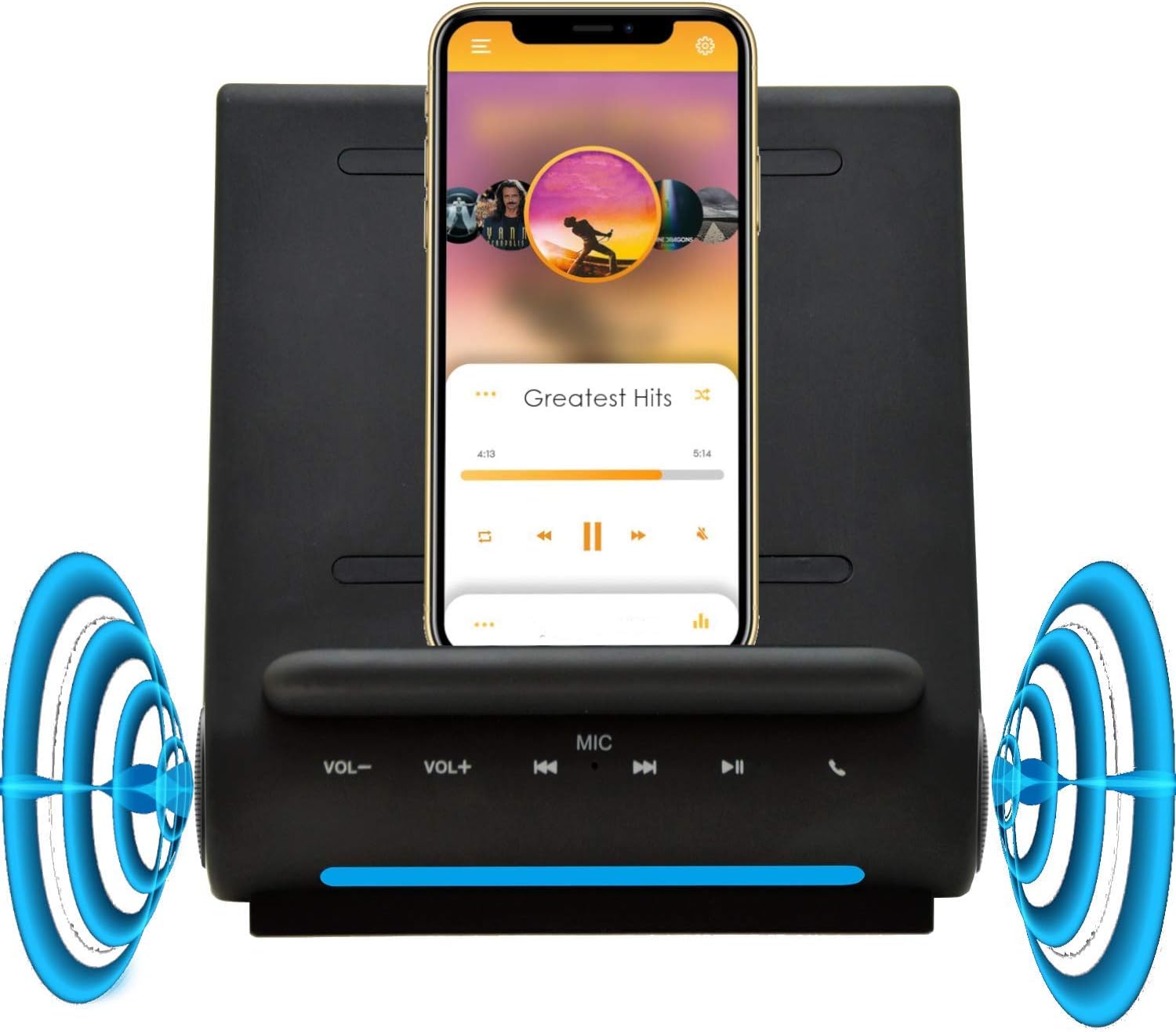 Smartphone positioned for wireless charging on the Dockall D115, illustrating sound output