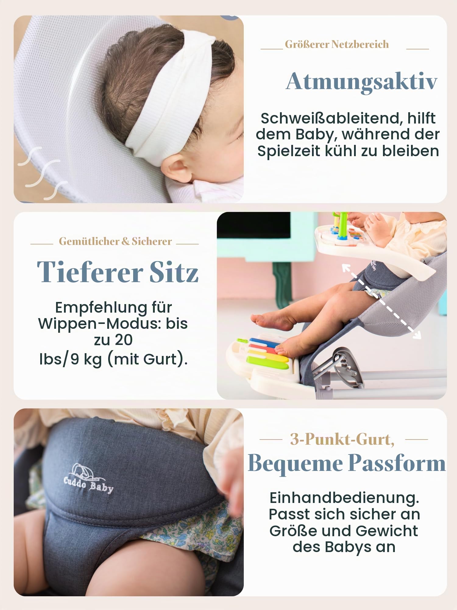 CuddoBaby 4-in-1 Babywippe mit Rädern, abnehmbares Klavier & Futtertablett, 3-stufig verstellbarer klappbarer Sitz mit Spielbügel, geeignet für Babys 0-24 Monate, ideales Babygeschenk - Blau