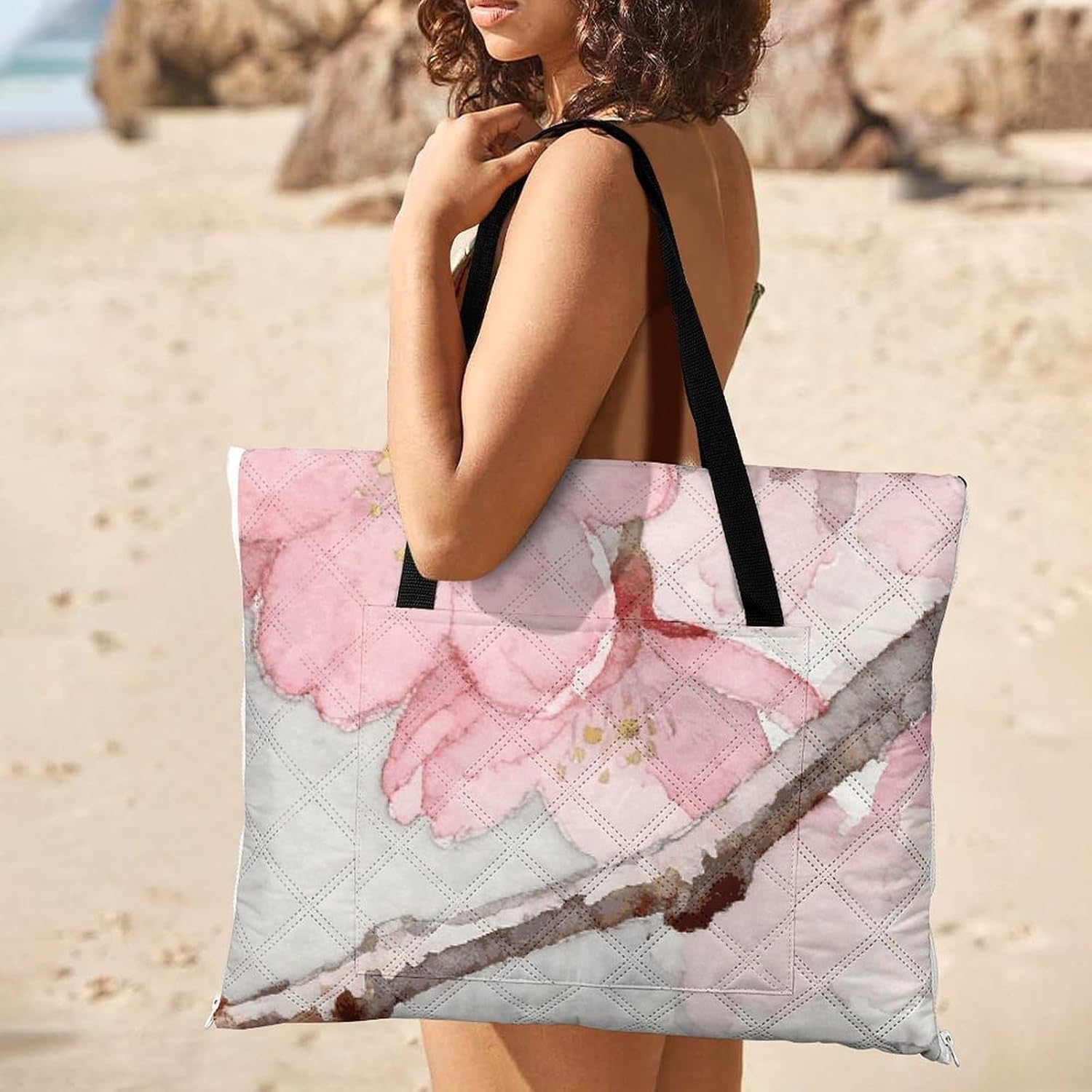 Flower Pink Picnic Blanket with Zipper Water Resistant Sand Free Picnic Mat Washable Foldable Easy Carry Beach Blanket for Lawn Beach Hiking Camping