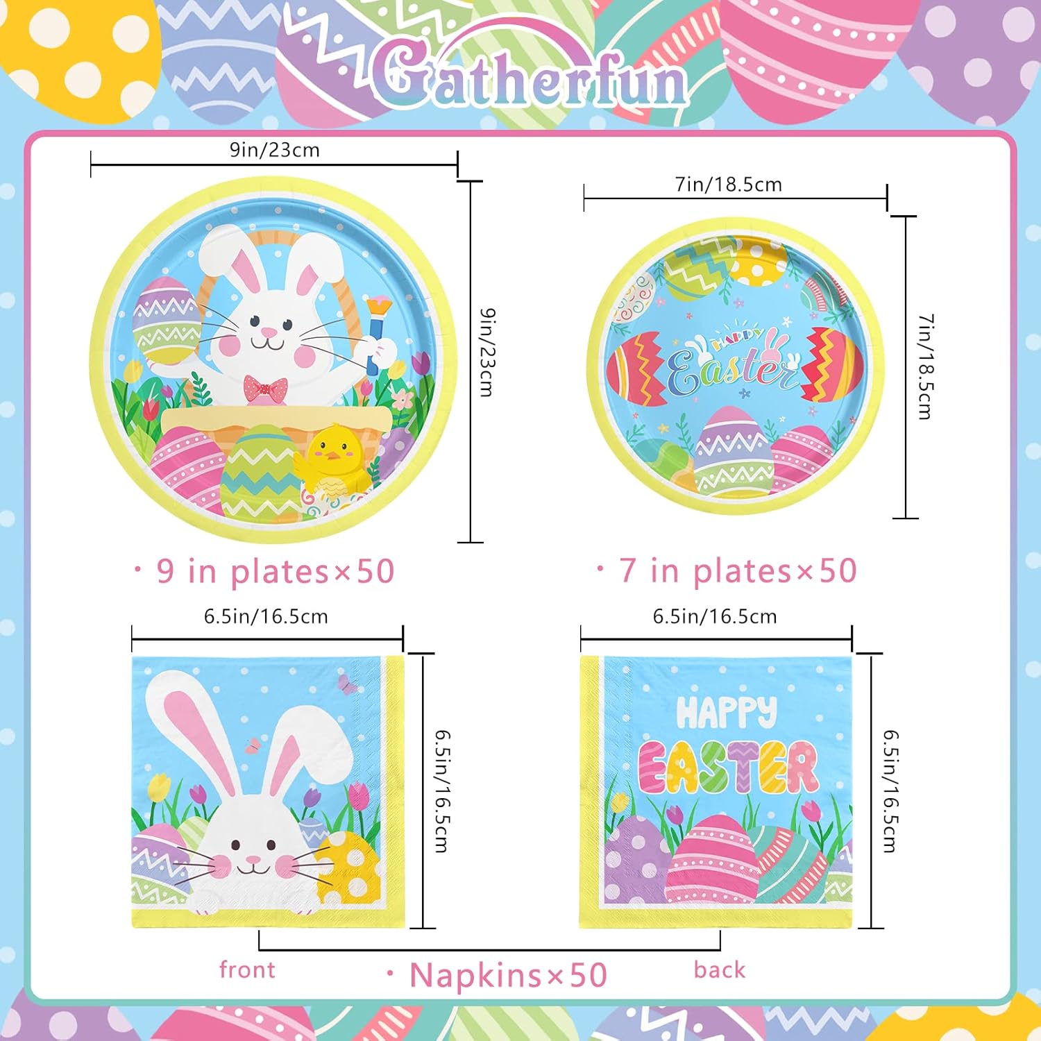 Gatherfun Easter Party Supplies Kit, 50pcs Paper Plates & Napkins, White, Pink, Yellow, Blue, Cartoon Rabbit Design, Perfect for Easter Celebrations - Image 2