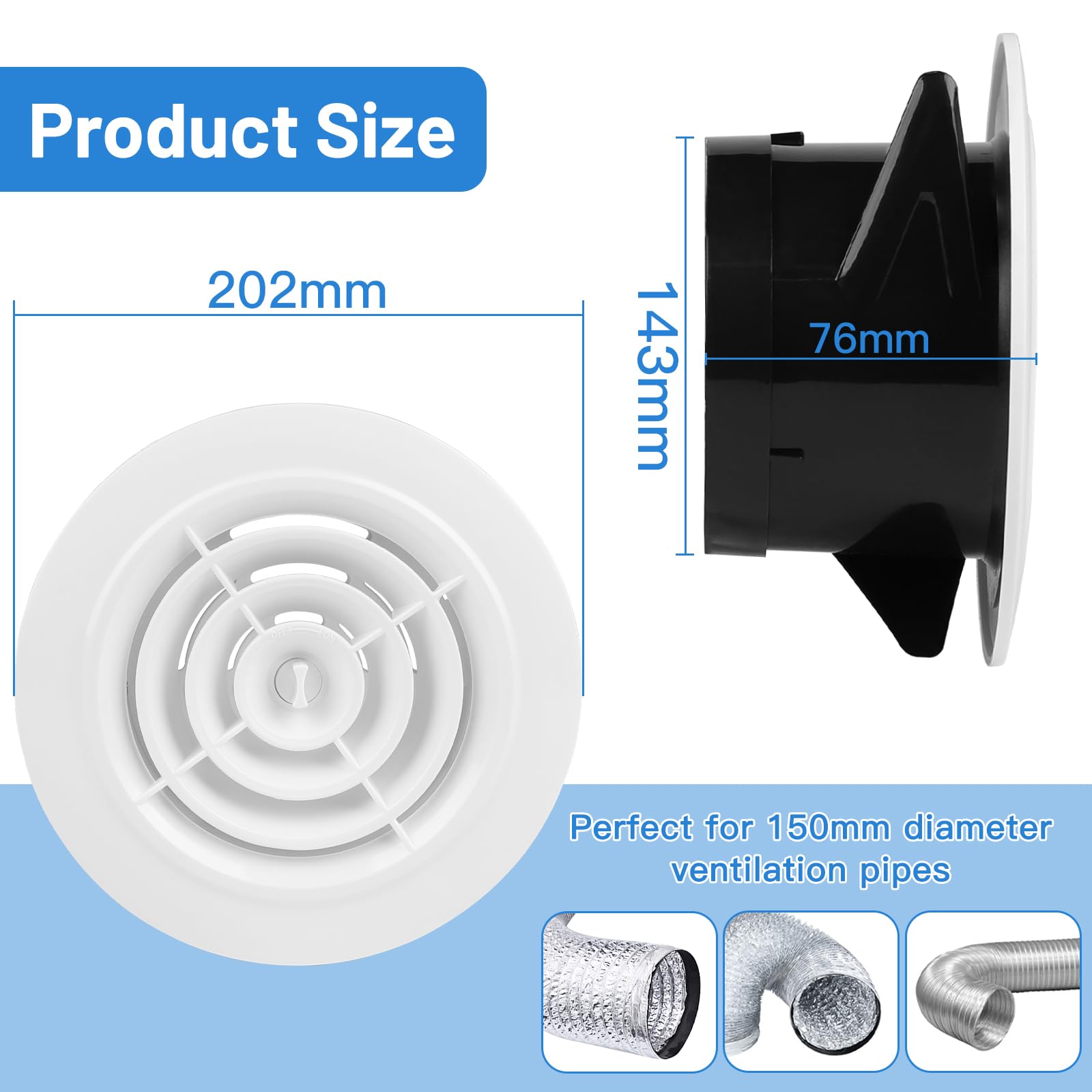 LALAGO 1 x Round Disc Valve with Insect Protection, 150 mm, Round Ventilation Grille, White ABS, Creatable Ventilation Grille - Image 2