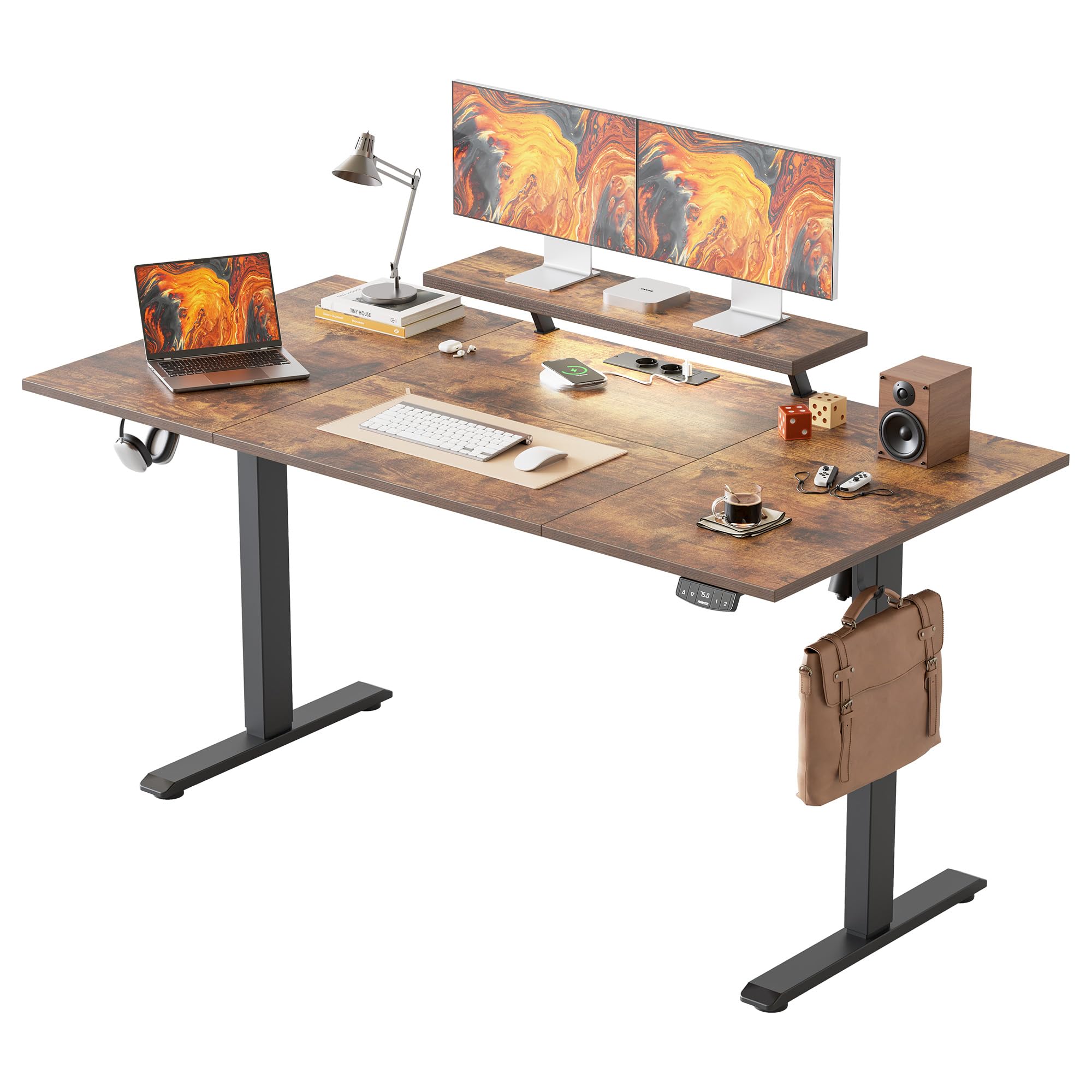 Agilestic Electric Standing Desk with Movable Monitor Stand, Height Adjustable Desk with 2 Memory Buttons, 160 x 80 cm with LED Strip Light and USB-C Port, for Home Office, Rustic Brown