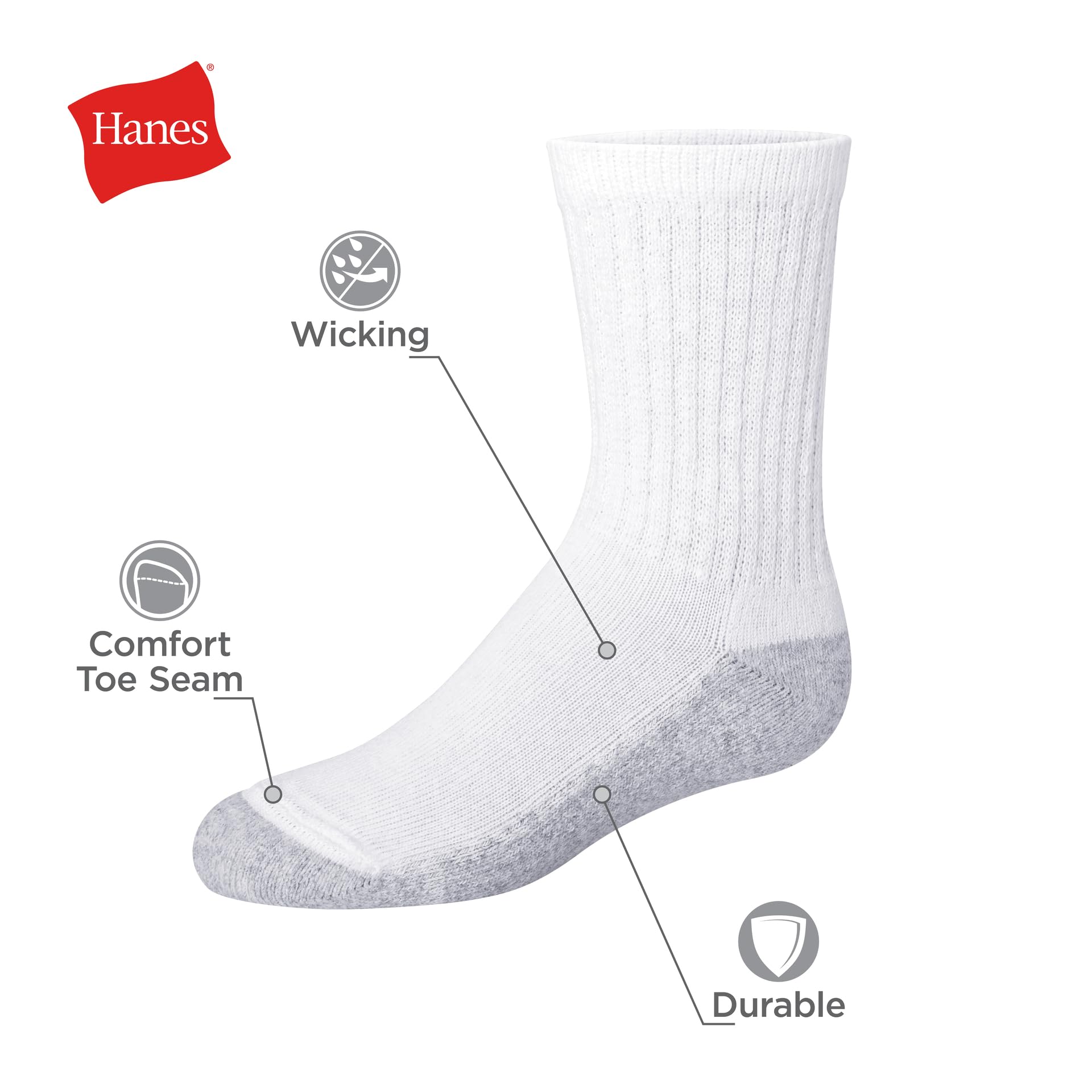 Hanes Boys' Big Uniform Crew, Moisture-Wicking Socks, Cushioned Foot Bottoms, 10-Pairs, White-12 Pack, Large