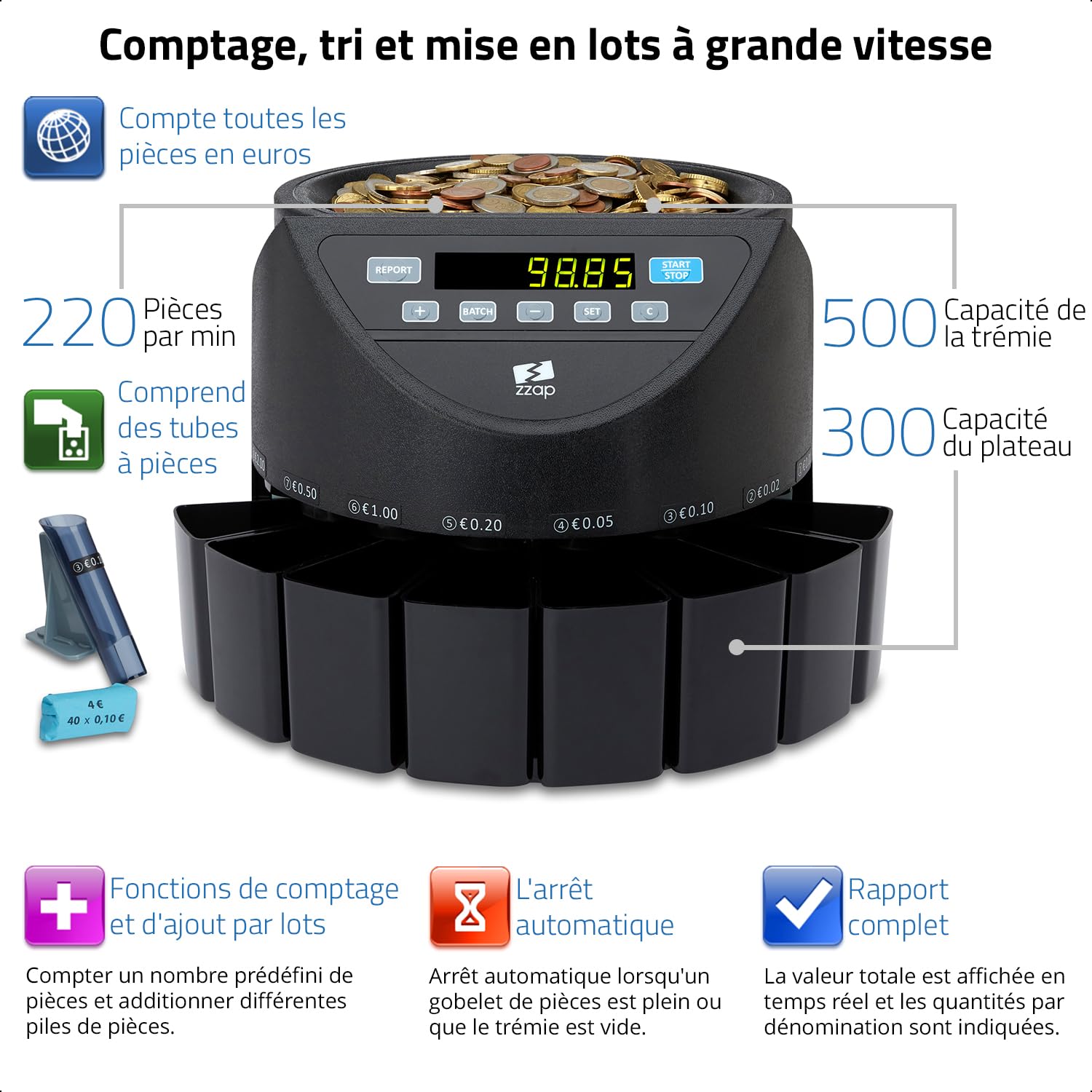 ZZap CS20 - Compteuse et Trieuse Automatique de Pièces EURO Machine de Comptage de Monnaie. Compteuse de Pièces avec Tubes de Tri