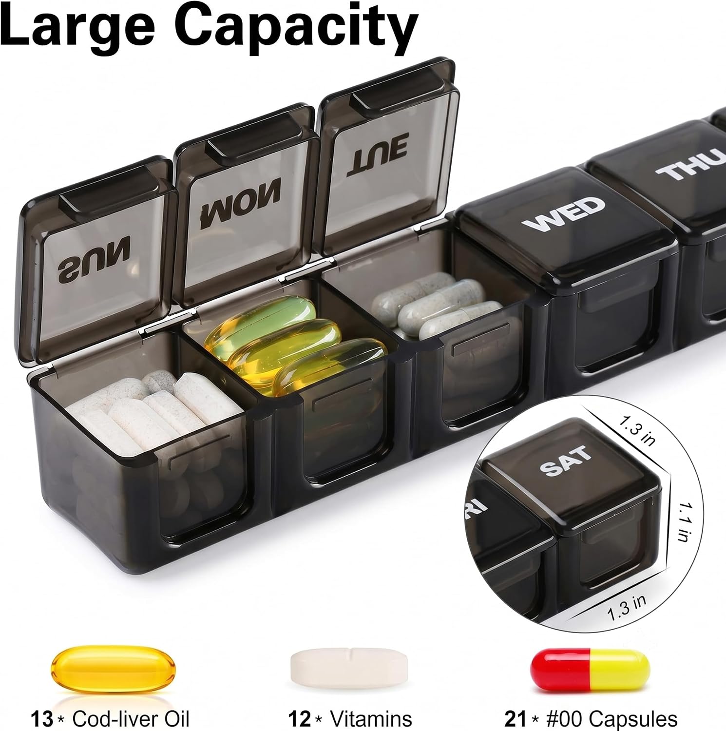 BUG HULL Weekly Pill Organizer Large 2 Packs, Extra Large Travel Pill Organizers, Pill Box 7 Day, Travel Pill Case, Medicine Pill Organizer for Vitamins, Supplements and Medications (Black+White)