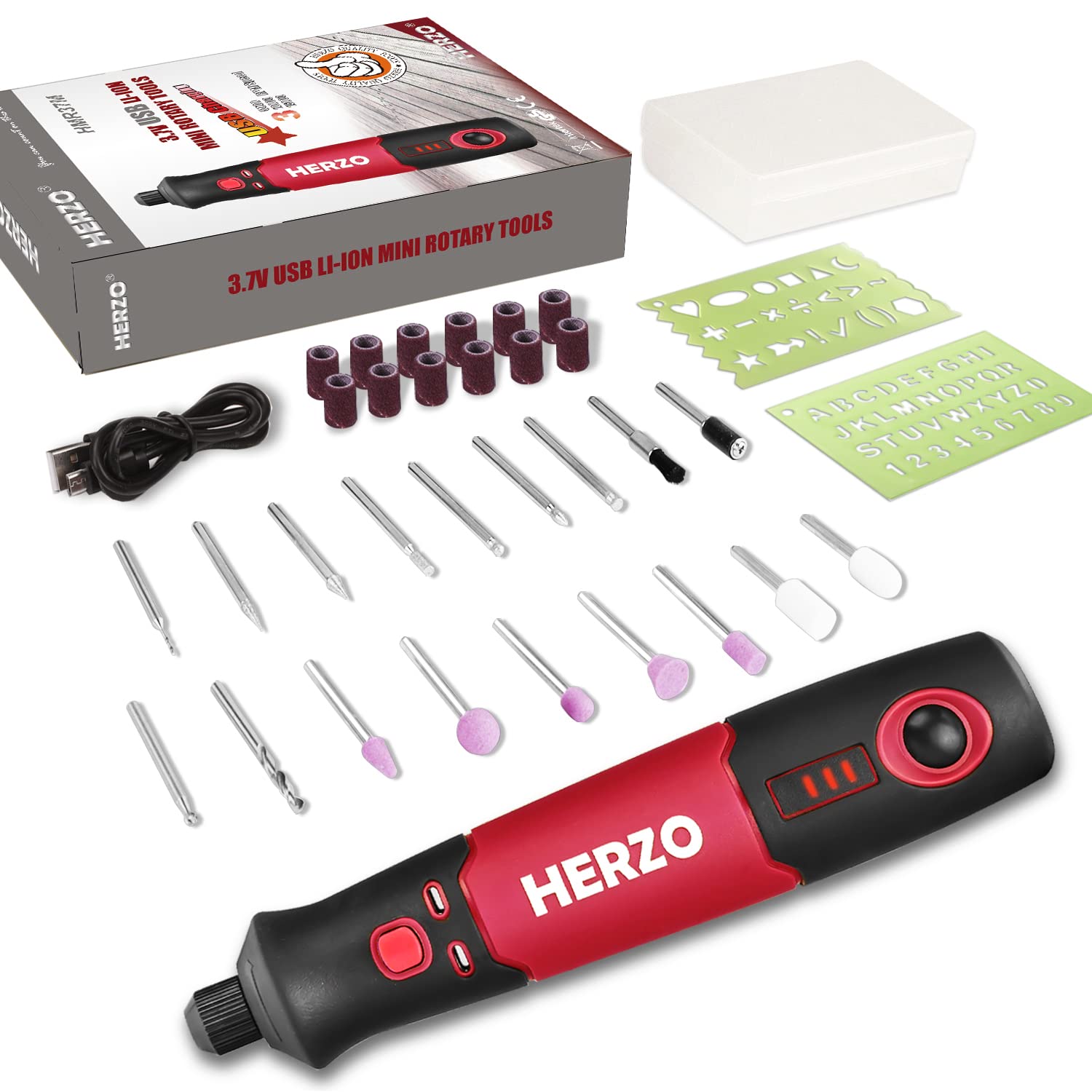 HERZO Strumento Multifunzione Senza Fili, mini trapano elettrico rotativo USB Ricaricabile 32 Accessori 3 Velocità Variabile 5000-15000RPM