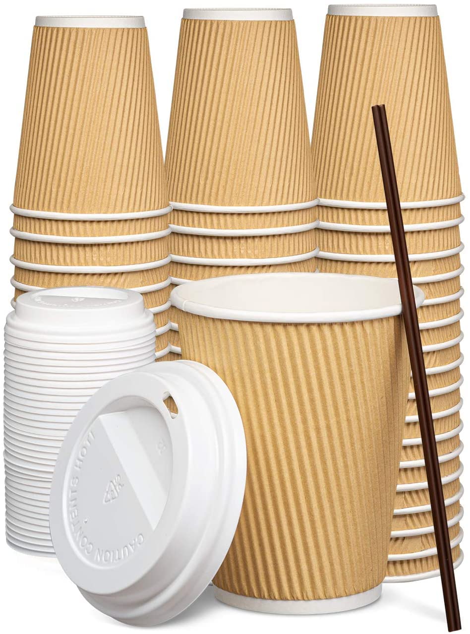 BiA_Pack's® 12oz Disposable Double Walled Kraft Ripple Coffee Cups and White Lid, Hot Coffee Cups (Disposable Coffee Cups with Lids and Stirrer, 50)
