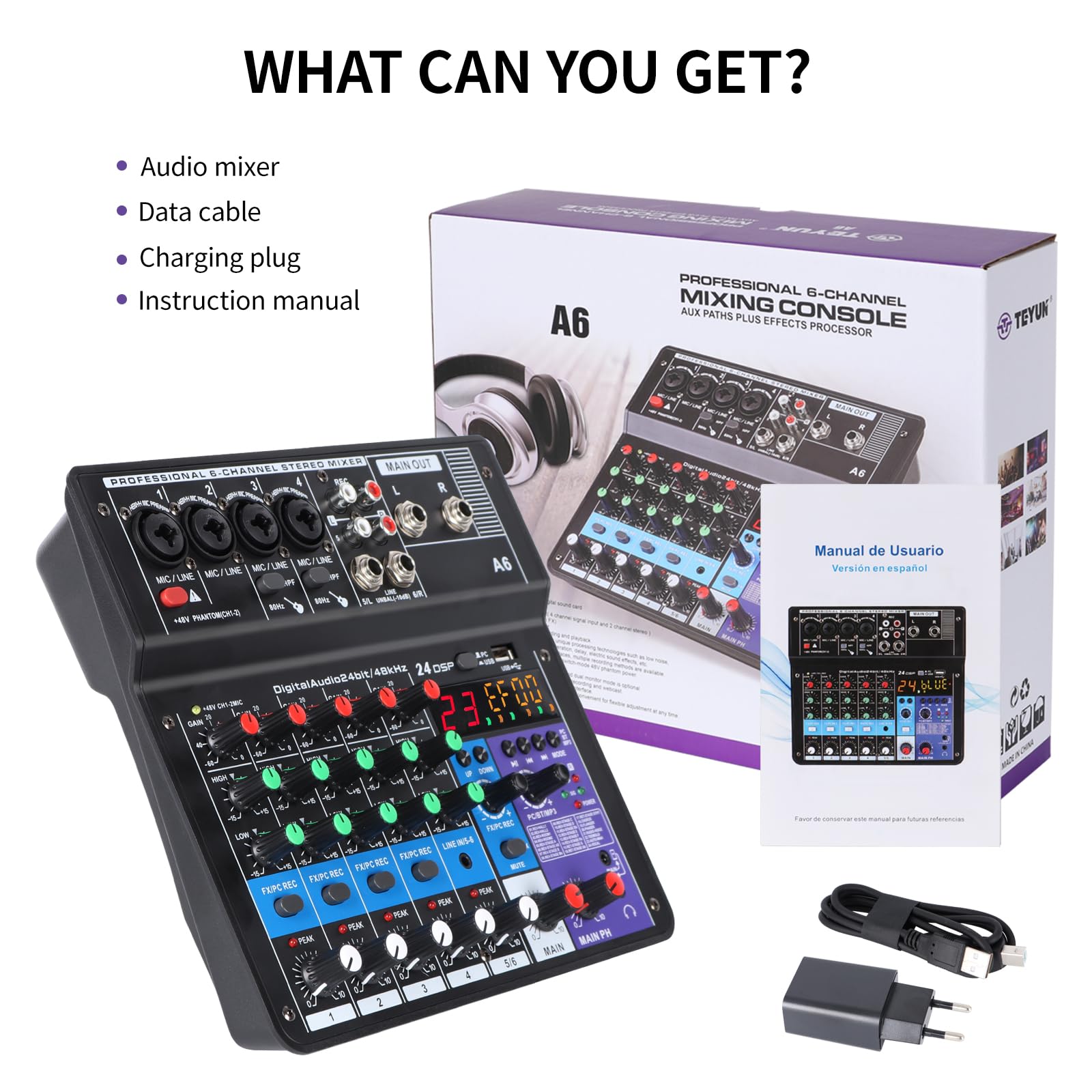XTUGA A6 Table de Mixage Mixeur Audio 6 Canaux, Console de Mixage USB Avec Bluetooth et Alimentation Fantôme 48V, Fonction de Bouclage, Adapté Aux Spectacles, Réunions et Diffusions en Direct
