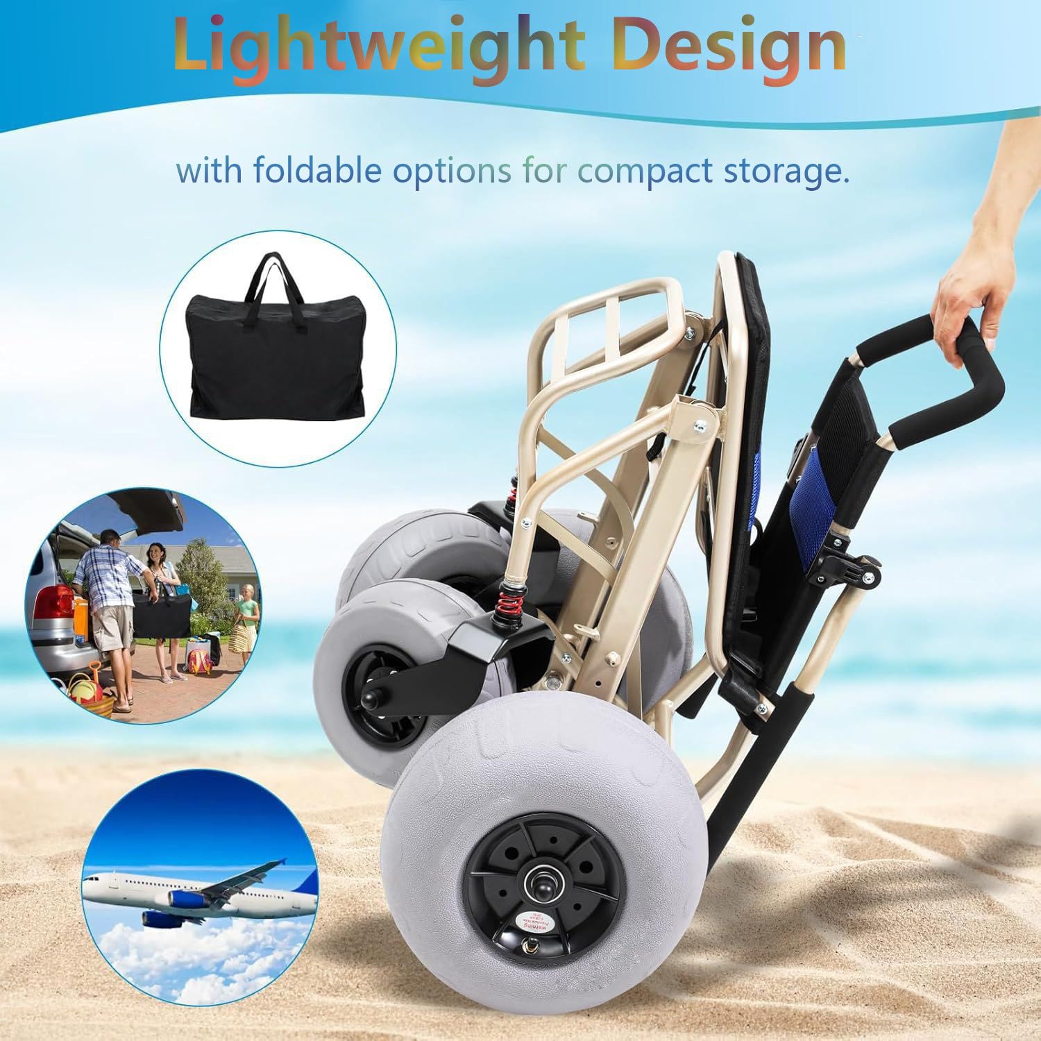 Silla de Ruedas de Playa Todo Terreno Silla de Ruedas Ligera para Playa con Neumáticos de Globo de 12'' y 9'' Diseño Plegable Ruedas de Liberación Rápida