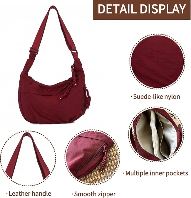 Nylon Crossbody Bags for Women Slouchy Crescent Tote Bag Lightweight Casual Shoulder Hobo Dumpling Bag Travel Sling Purse