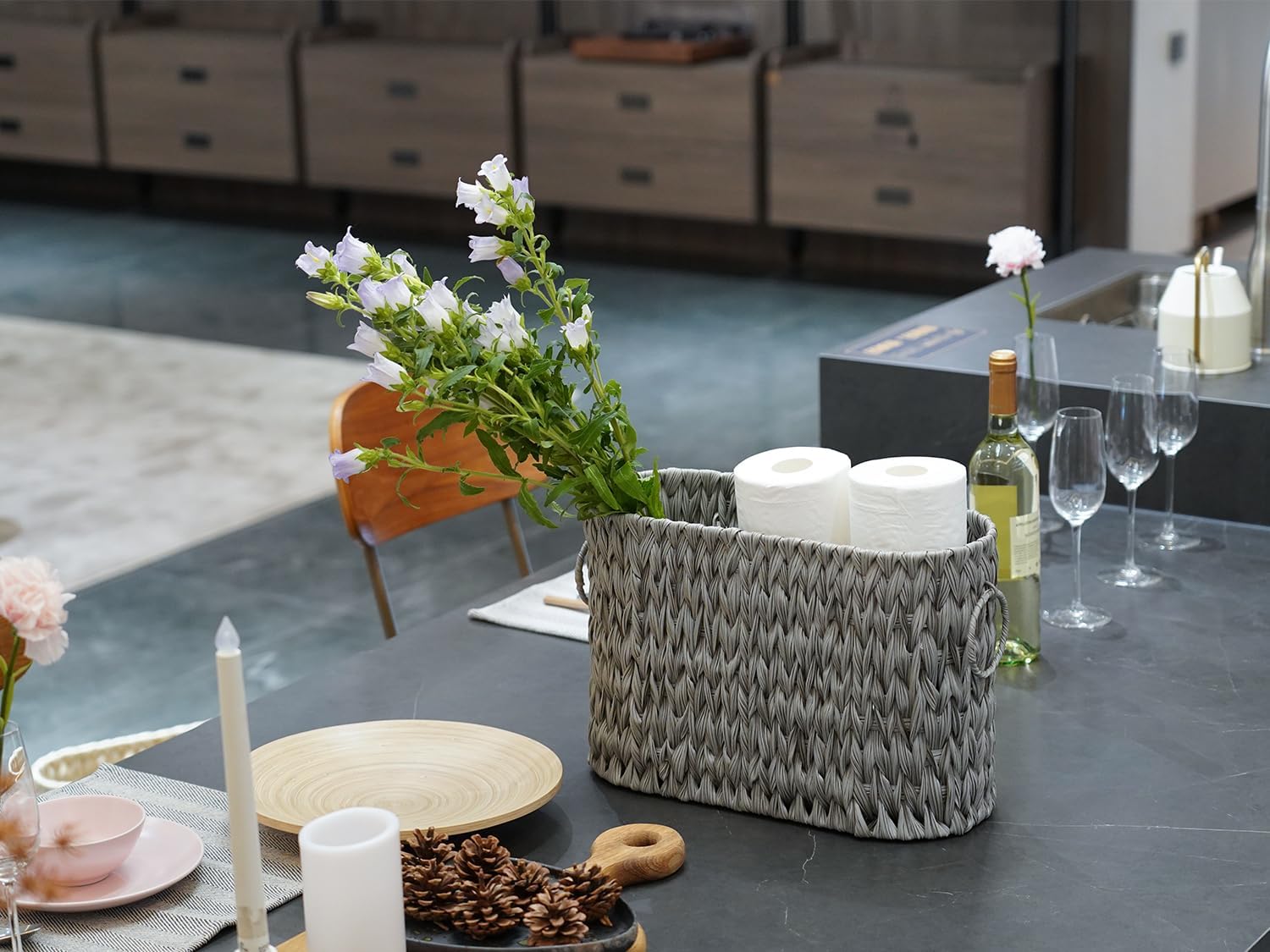 Toilet Paper Storage,Narrow Toilet Paper Basket for Bathroom,Large Toilet Paper Organizer for 6 Mega Rolls,Waterproof Wicker Bathroom Storage Basket,Free Standing,Grey - Image 7