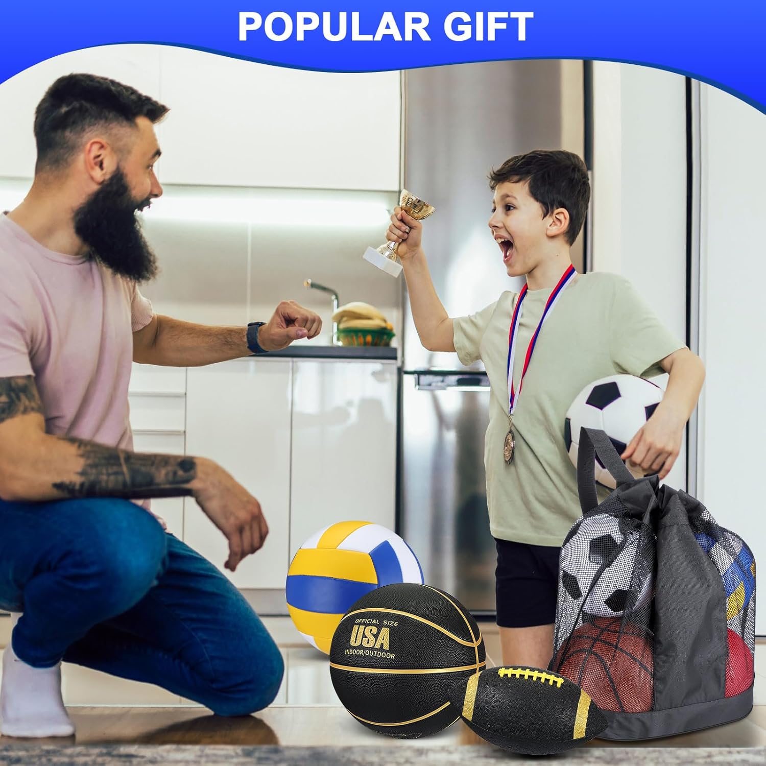 HyDren 4 Pcs Assorted Sports Balls Set for Kids Back to School Recess PE Equipment Official Size Basketball, Soccer, Football, Volleyball with Carry Bag and Pump for Outdoor Playground Gift