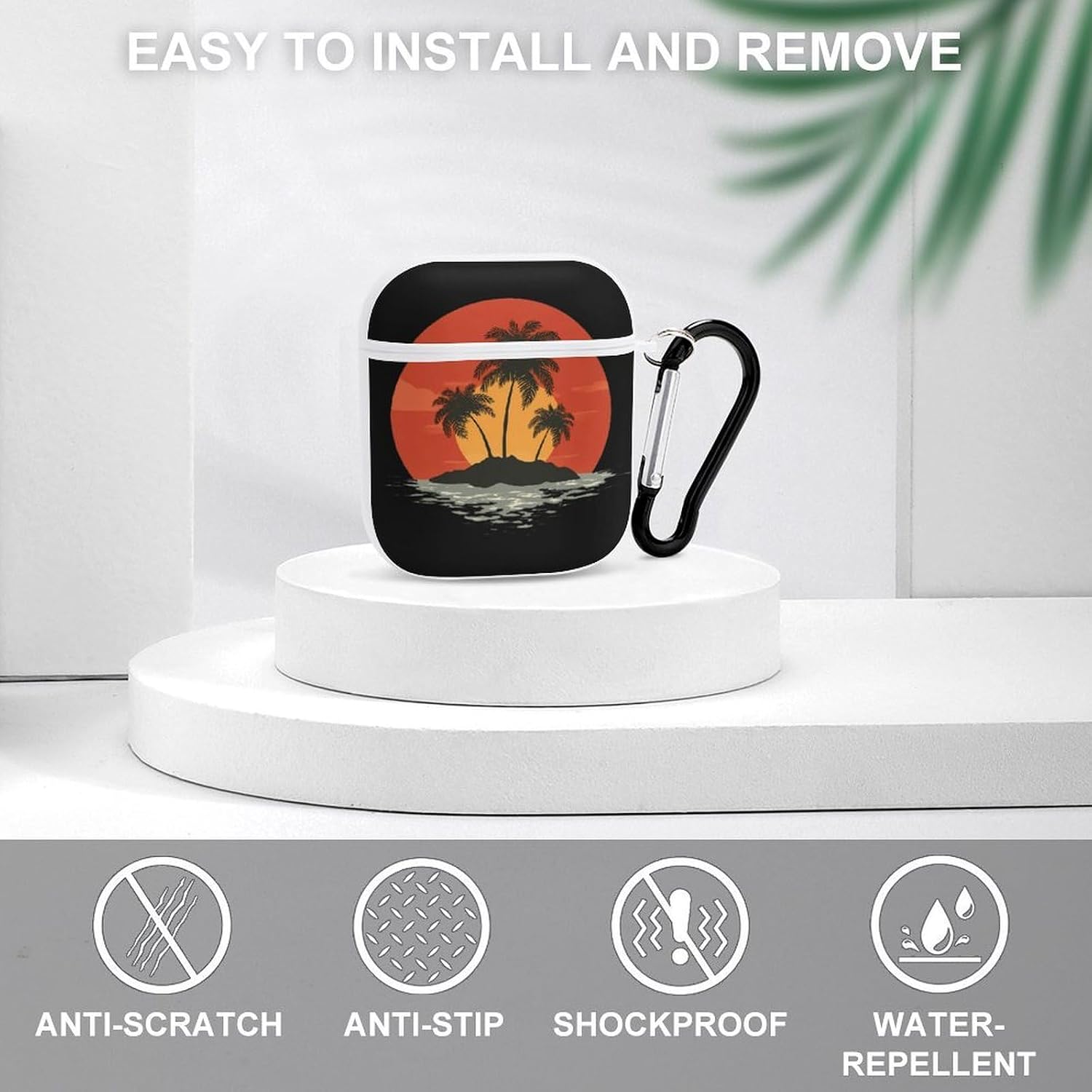 Island Palms Tree Sunset Funny Compatible with Airpods 1 2 Case with Keychain Protective Hard Cover image 3