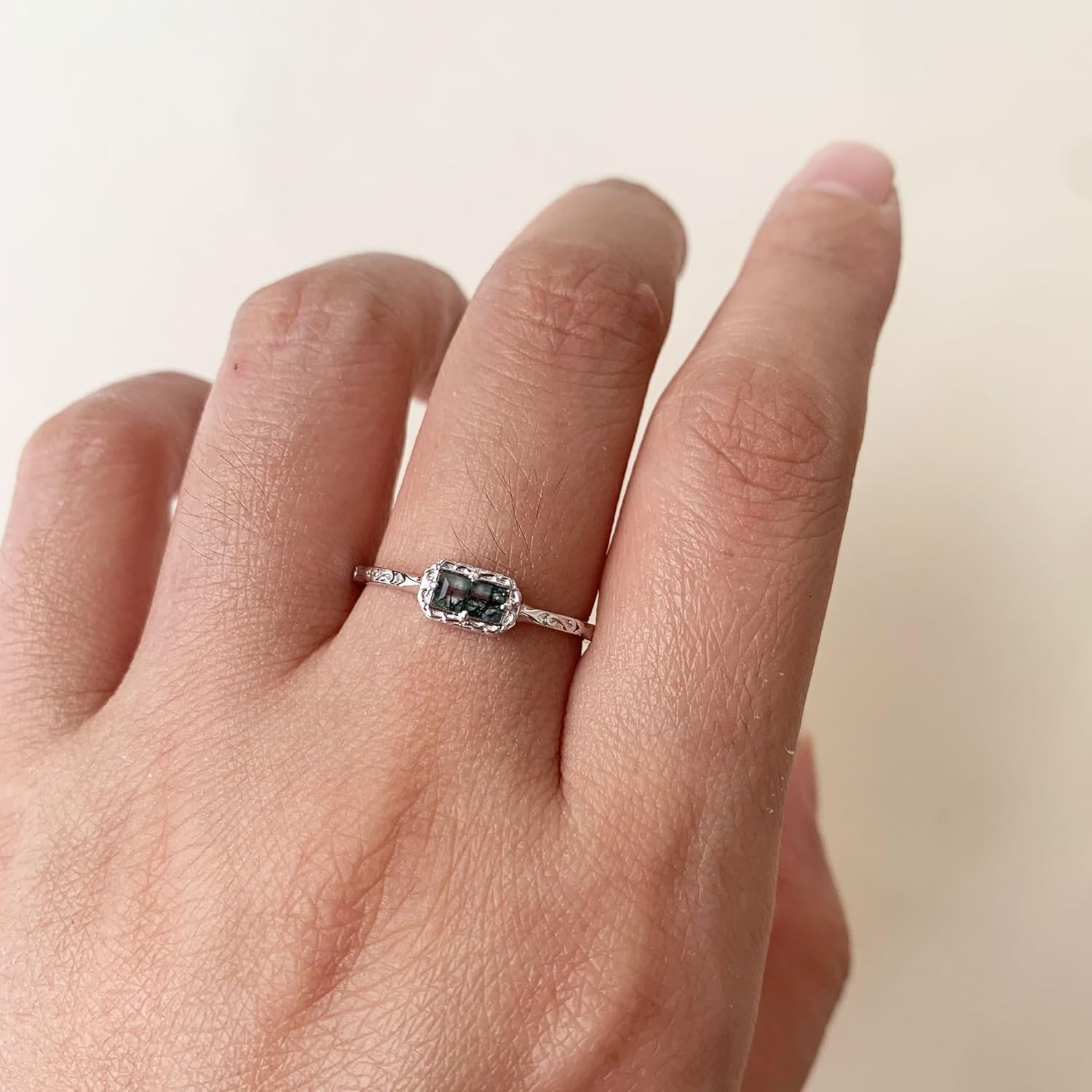 Baguette Wedding Band for Women Solitaire Cubic Zirconia Opal Pink Sapphire Moss Agate Stacking Rings Vintage Filigree Dainty Promise Rings Anniversary Jewelry