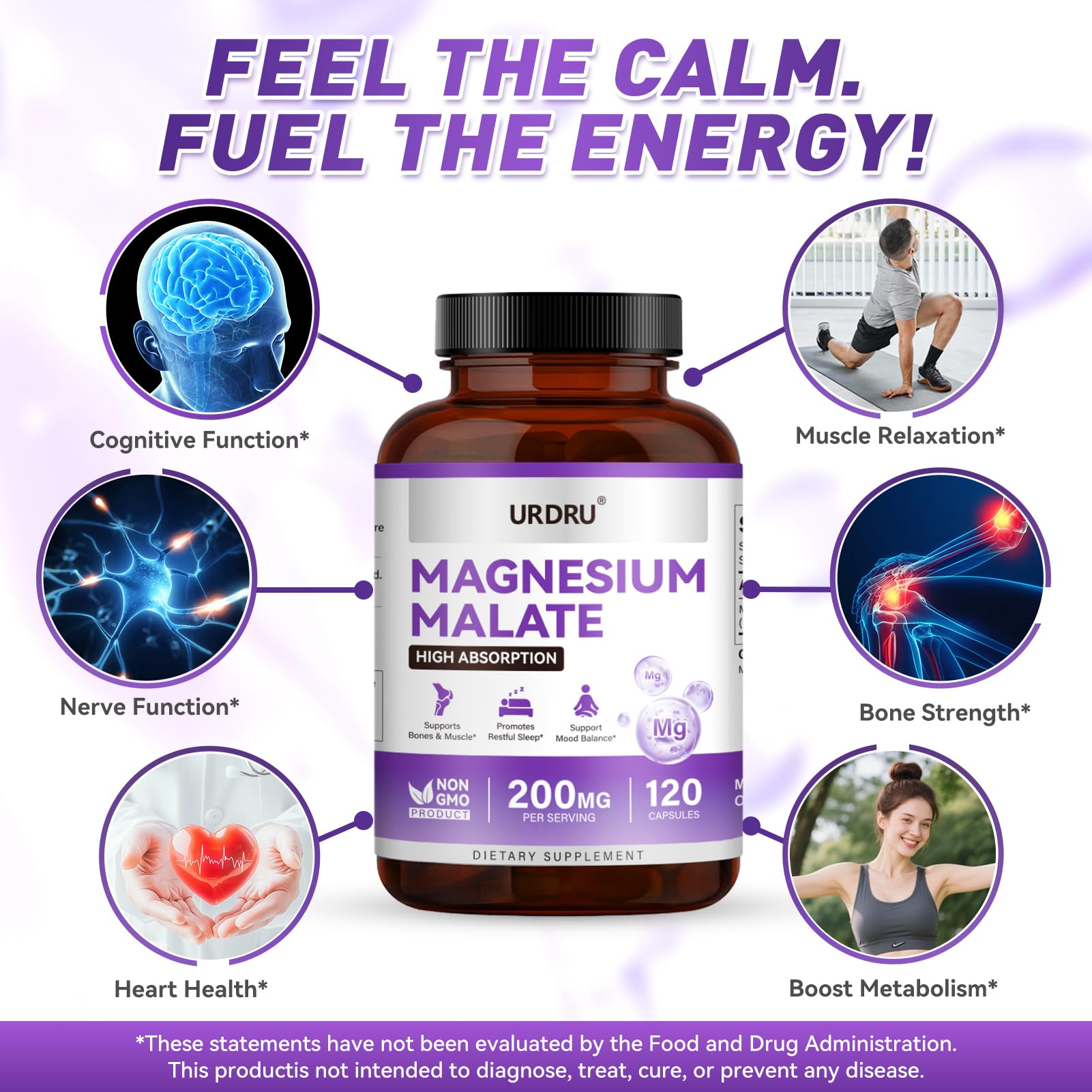 1350mg Magnesium Malate – Magnesium Supplements with High Absorption, 200mg Elemental mag for Men & Women Support Muscle, Joint & Heart Health, Non-Buffered, Vegan, Non-GMO, Gluten-Free 120 Capsules — Amazon image 3