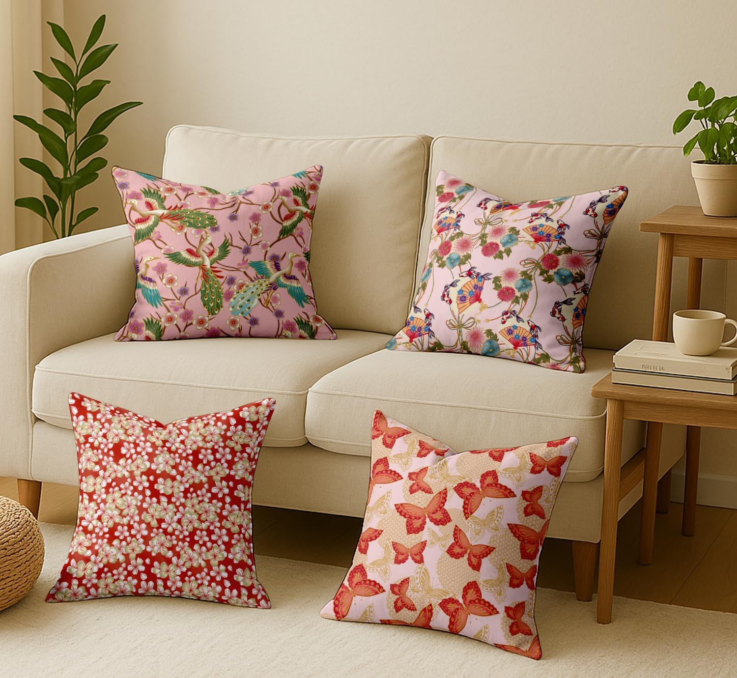 Set of 4 16x16 Cotton Cushion Covers - Decorative Reversible Pillow Covers with Concealed Zipper - Filler Not Included - Bird Print, Pink