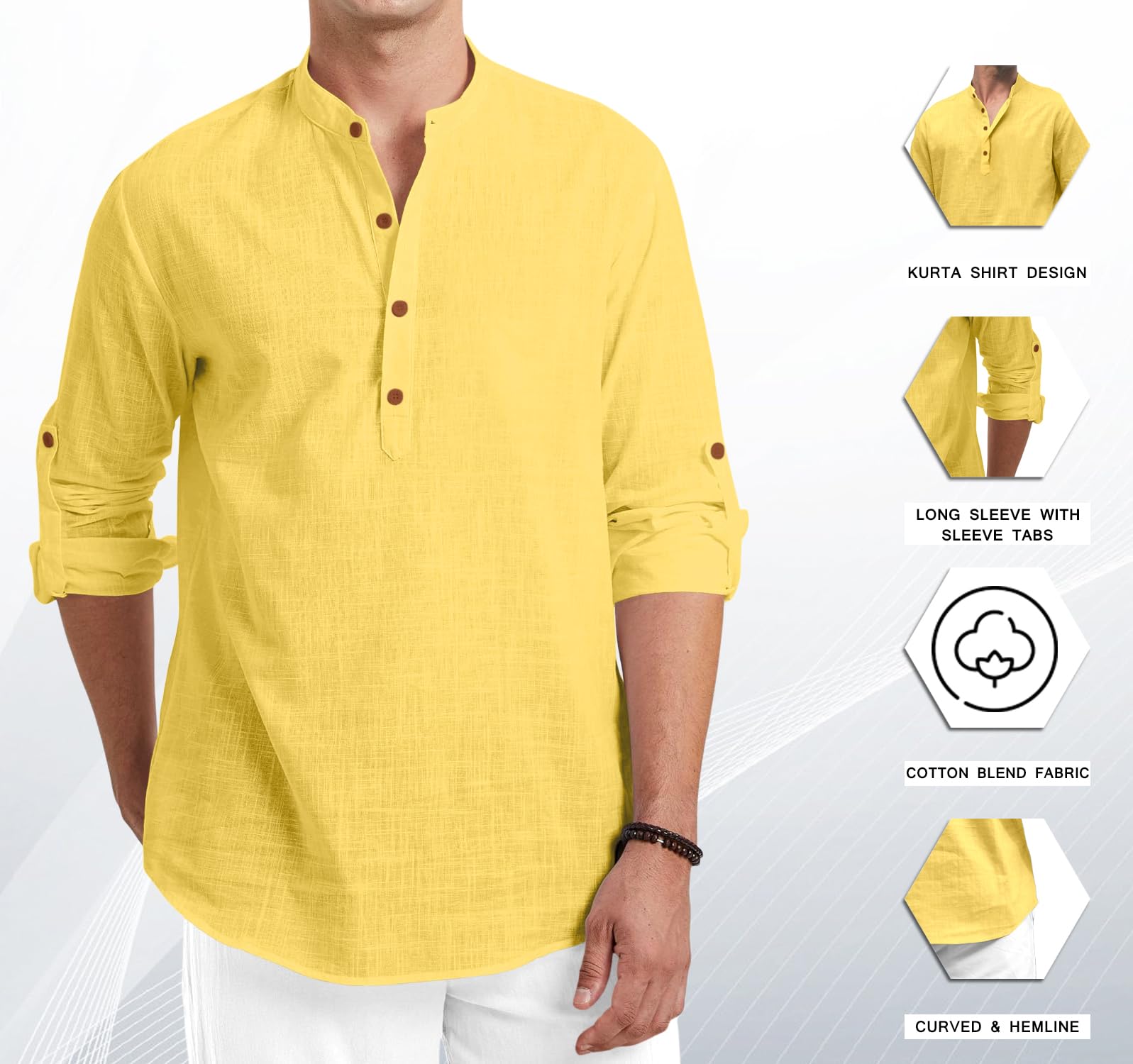 Royalscout Men Cotton Blend Full Sleeve Short Kurta Yellow