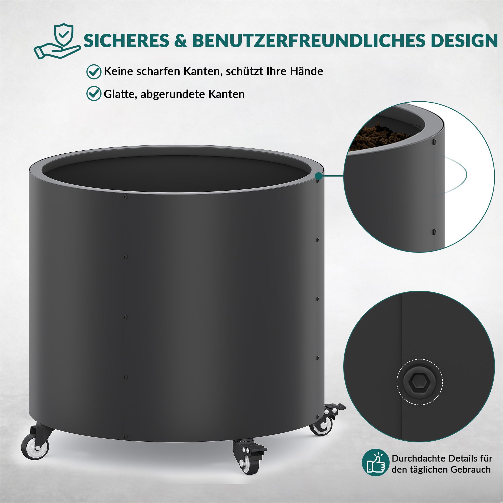 Pflanzkübel groß außen Outdoor Ø 61 * 56cm hoch aus Metall​mit Rollen，150L für Zitronenbäume & Gemüse, 4 Drainage-Löcher für Balkon ，Garten（2pcs）