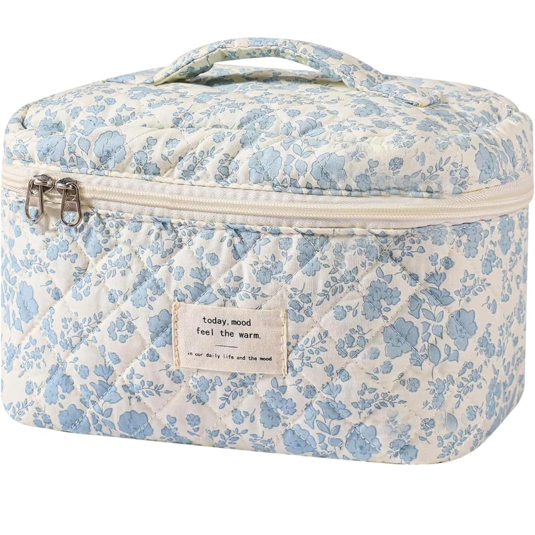 Sprqcart Makeup Bag Set for Women Cotton Quilted Cosmetic Pouch with Zipper- Medium Floral Toiletry Organizer Travel Kit for Skincare Hair Accessories | Pack of 1, Blue & White-image-30