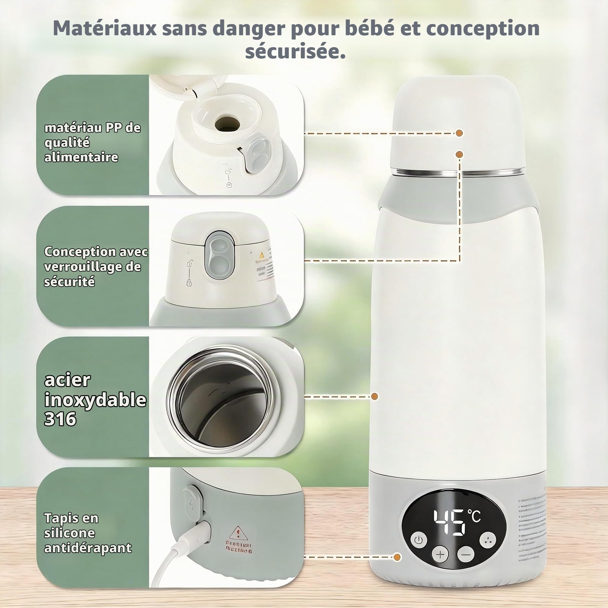 Chauffe-Biberon Portable Sans Fil & Nomade | Batterie 12000mAh, 500ml | Chauffe Lait Maternel et Eau Rapide (2 min) | Chauffe-Eau de Voyage, Thermos Bébé Biberon & Chauffe-Biberons Voiture