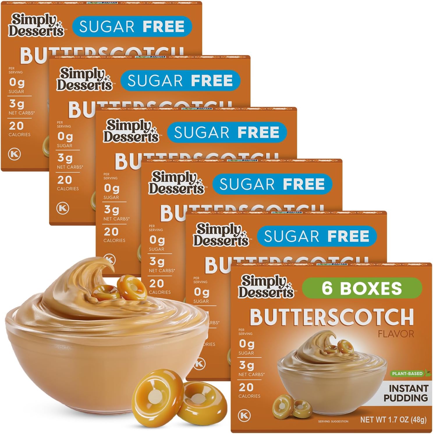 Simply Delish Instant Butterscotch Pudding Mix - Plant Based Guilt Free Desserts - All Natural, Sugar Free, Non GMO, Gluten Free, Fat Free, Vegan, Keto Friendly - 1.7 OZ (Pack of 6)